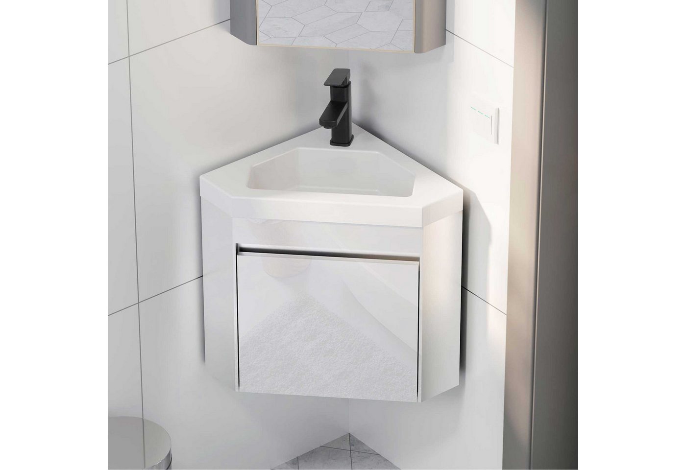 Thumbnail - UEV Waschtisch mit Unterschrank, Gäste WC Waschplatz, Eckschrank (Gäste Bad Möbel, Badzimmerschrank modern mit Wasserhah...