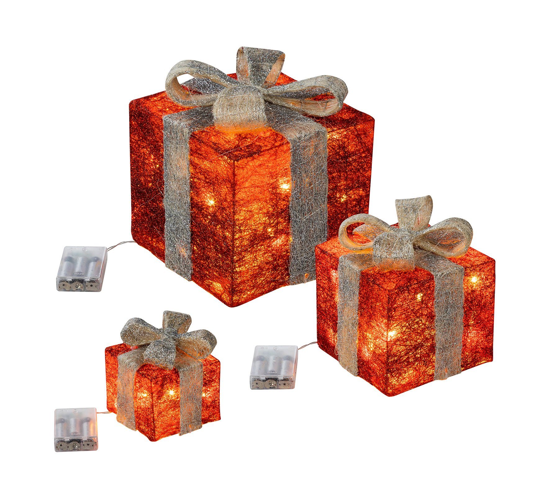 Spetebo LED Dekoobjekt LED Geschenkboxen mit Timer 3er Set - rot / grau, Timerfunktion, LED fest verbaut, warm weiß, Weihnachts Deko Boxen warm weiß beleuchtet
