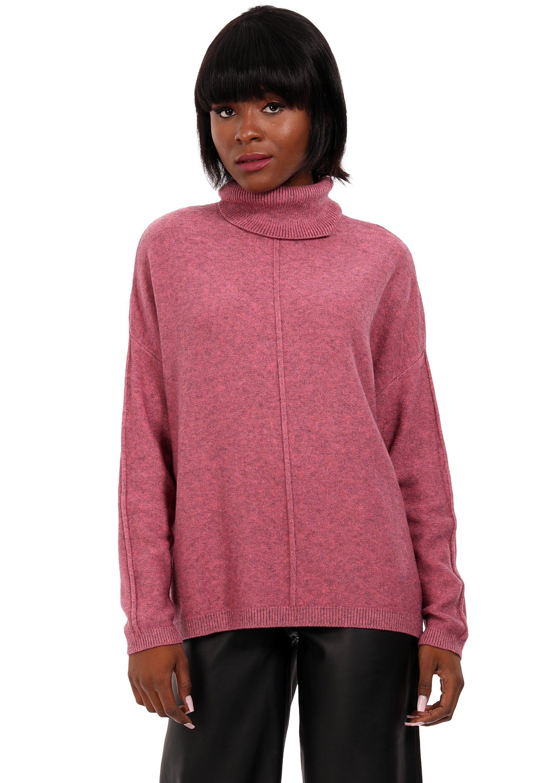 altrosa melierter Feinstrick Style YC Fashion (1-tlg) One Optik aus Rollkragenpullover & in Oversized Size Pullover