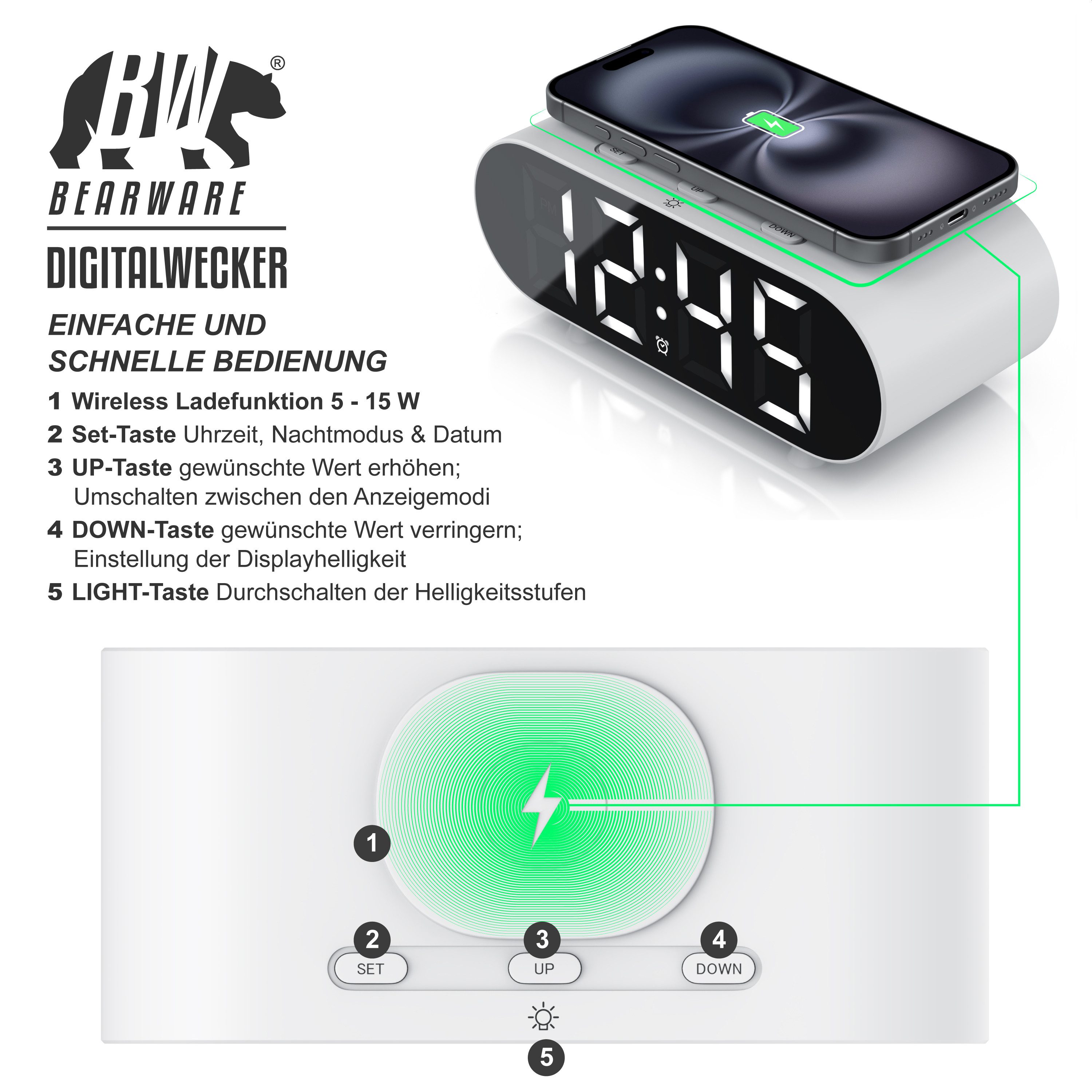 BEARWARE Wecker mit Netzteil & Akku, 3 Alarmzeiten, mit Beleuchtung & QI Ladefunktion Schlummerfunktion, Kabelloses Laden Wireless Charger, Akustiksteuerung