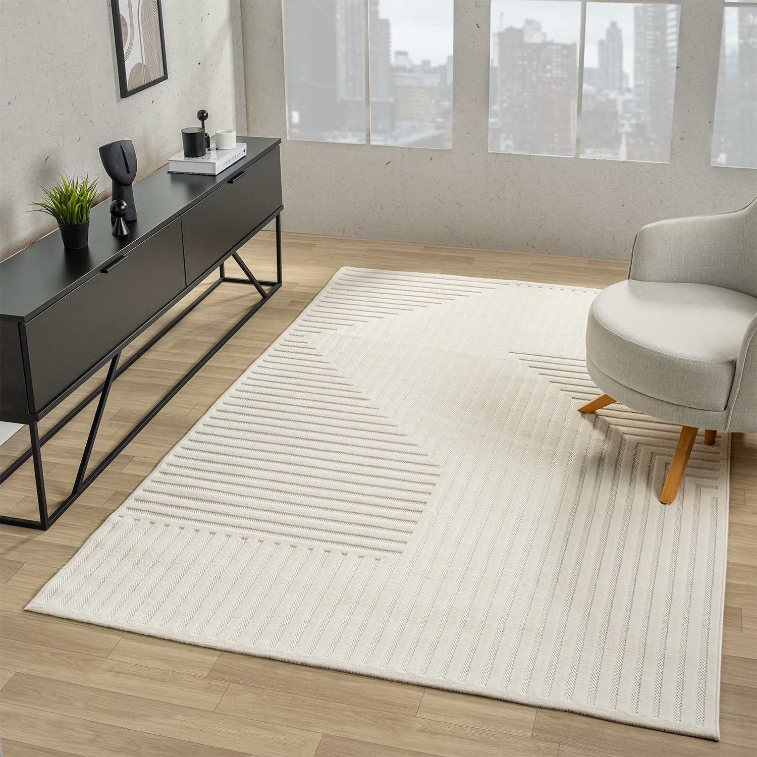 Vimoda Designteppich hoch/tief Motiv, Kurzflor Teppich Creme, Uni, Rund, Höhe: 10 mm, Teppich Boho Design, Wohnzimmer, Schlafzimmer& Küche