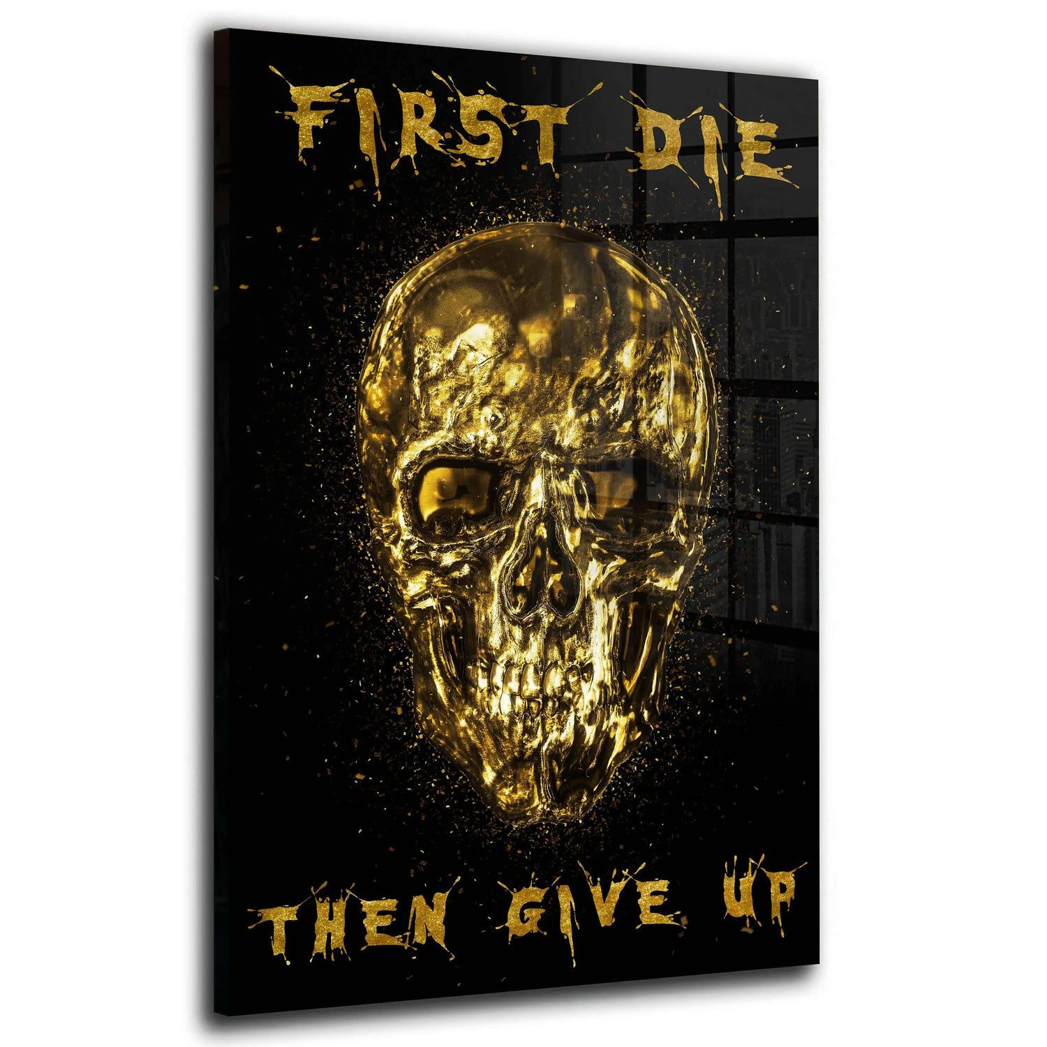 Artedinoi Leinwandbild Totenkopf Gold First Die Motivation Leinwandbild Wandbild XL, Totenkopf, abstrakt