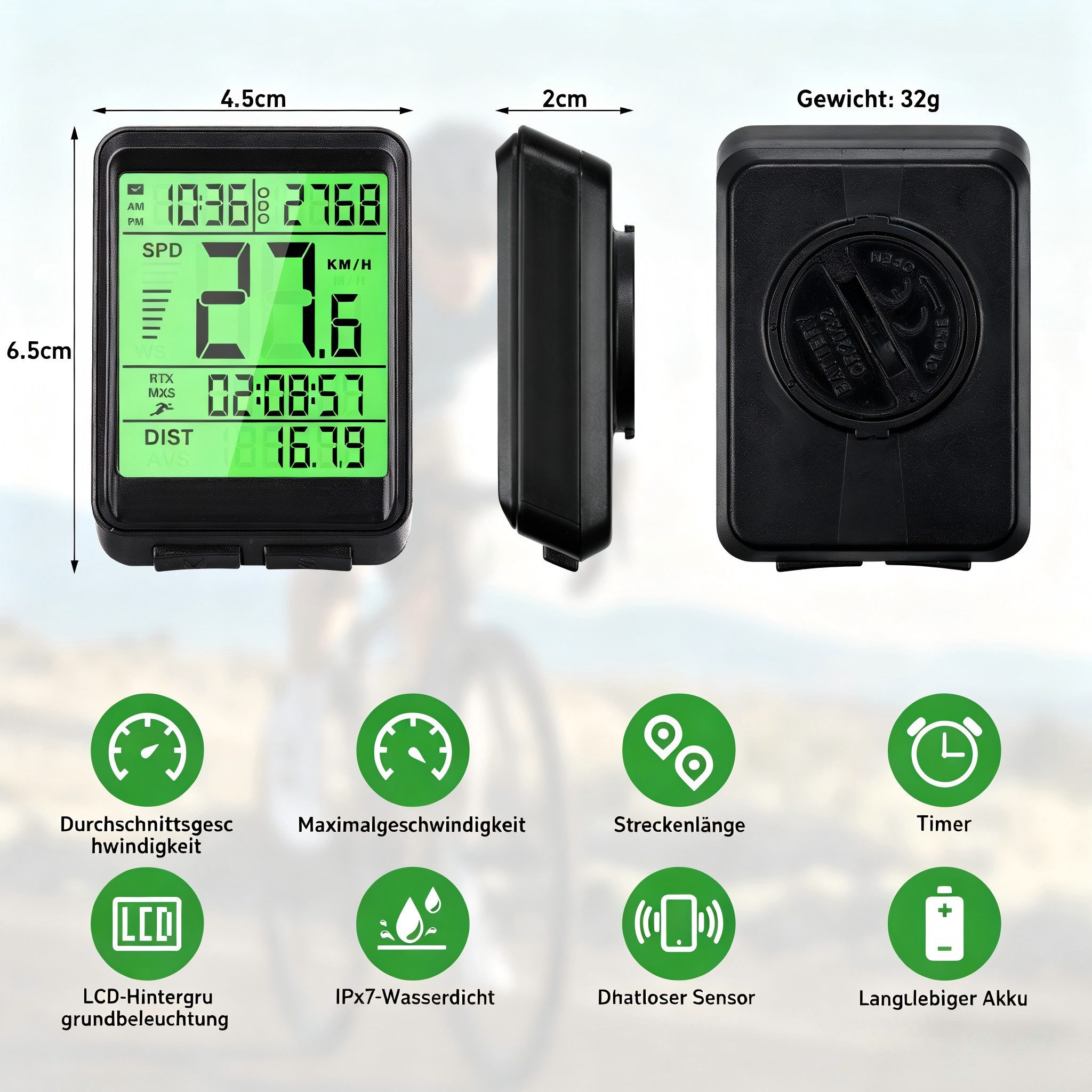 AIBISTAR Fahrradcomputer kabellos mit Hintergrundbeleuchtung Fahrradcomputer,Fahrradtacho,IPX7 (4 Anzeigemodi, kabelloser Sensor, LCD-Display), inklusive Radumfang-Tabelle für verschiedene Reifengrößen