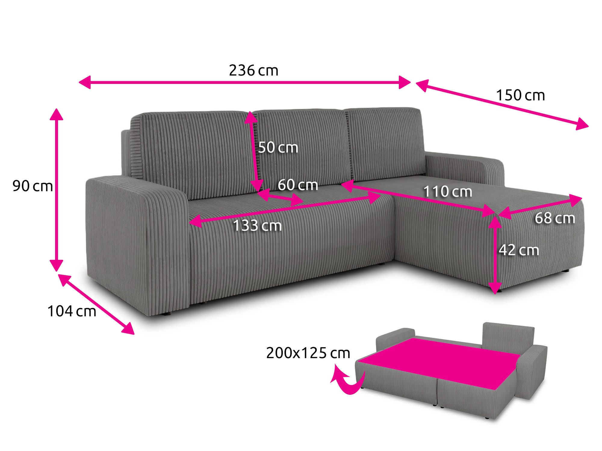 Sofnet Ecksofa Roma L, mit Schlaffunktion und Bettkasten, L-Form Couch, Cord Stoff, Schlafsofa mit Wellenfeder