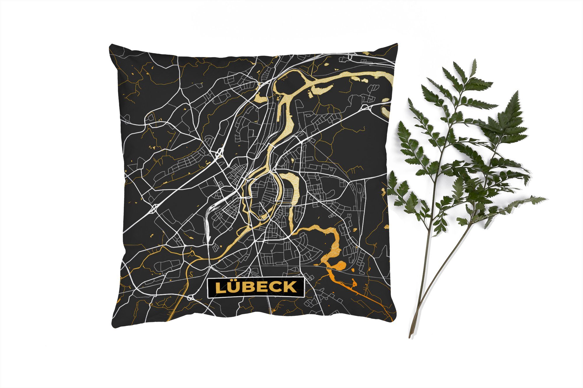 MuchoWow Dekokissen Lübeck - Karte - Gold - Stadtplan - Deutschland, Zierkissen mit Füllung für Wohzimmer, Schlafzimmer, Deko, Sofakissen