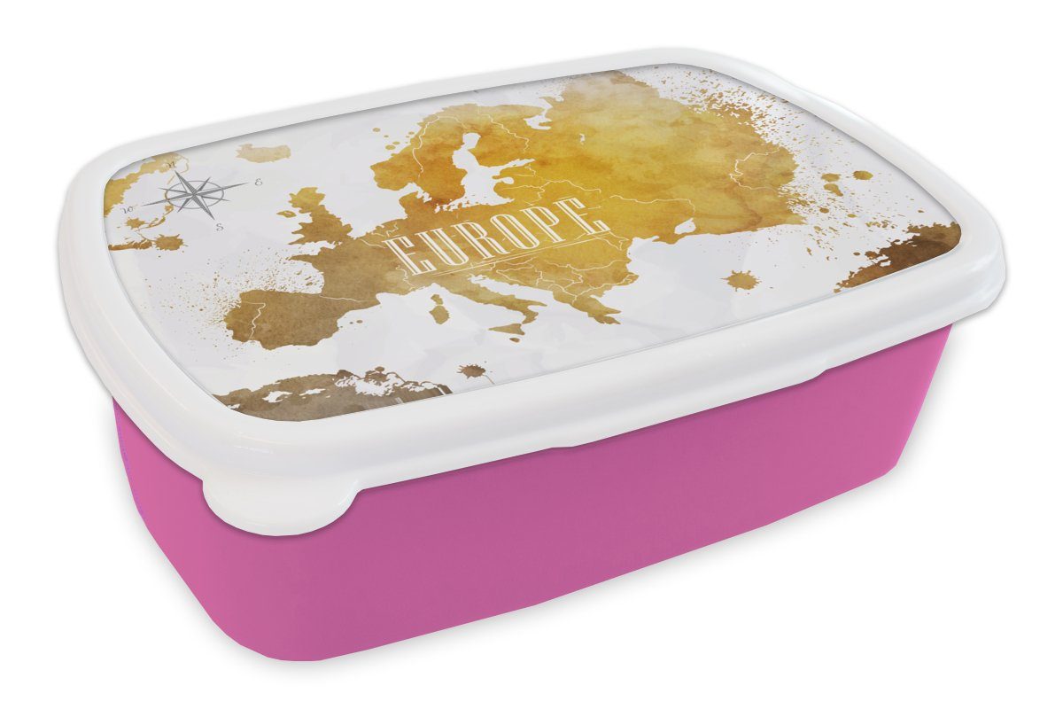 MuchoWow Lunchbox Weltkarten - Europa - Gold, Kunststoff, (2-tlg), Brotbox für Erwachsene, Brotdose Kinder, Snackbox, Mädchen, Kunststoff rosa