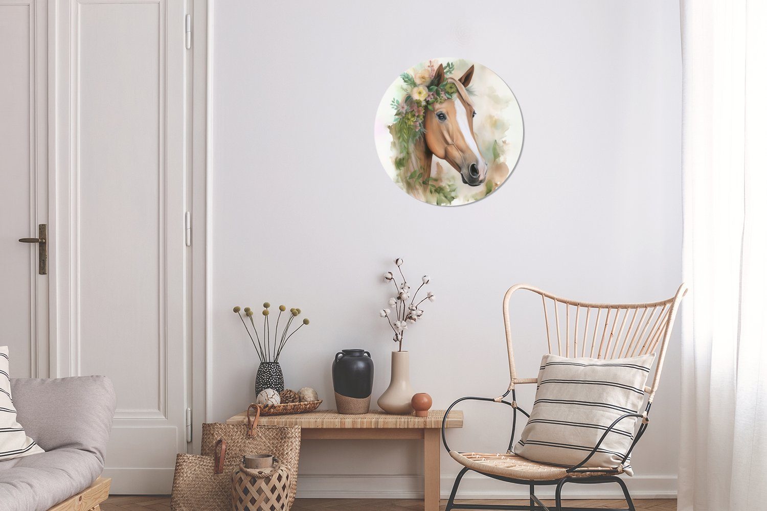 MuchoWow Gemälde Forex, - (1 Natur St), 30x30 Blumen Pferd Tiere, Wandbild, Kreis cm Wohnzimmer, Aquarell - - - Rundes Wanddekoration