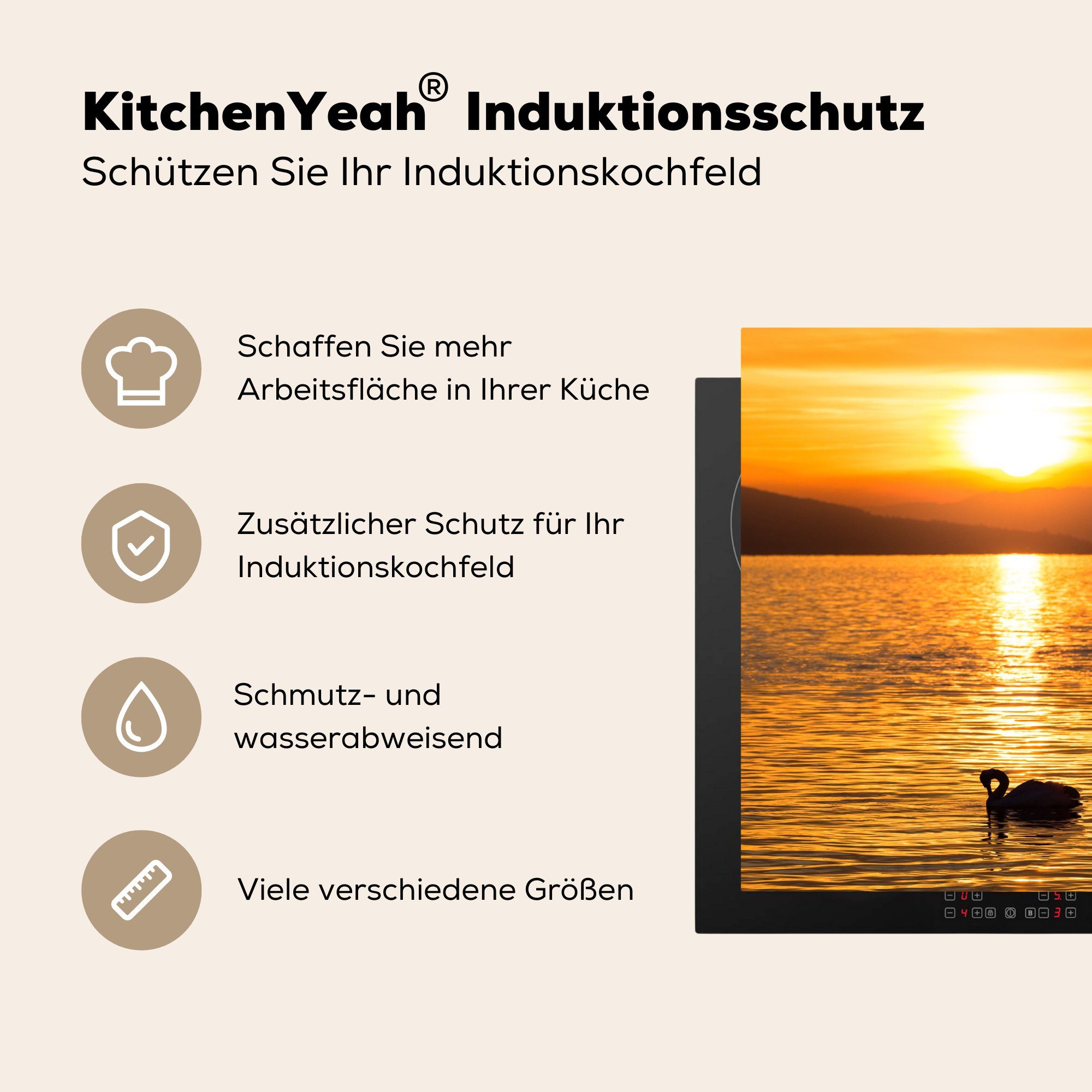 MuchoWow Herdblende-/Abdeckplatte Vinyl, küche - Gold, Sonnenuntergang Ceranfeldabdeckung, cm, für (1 Schwan tlg), - Arbeitsplatte 78x78
