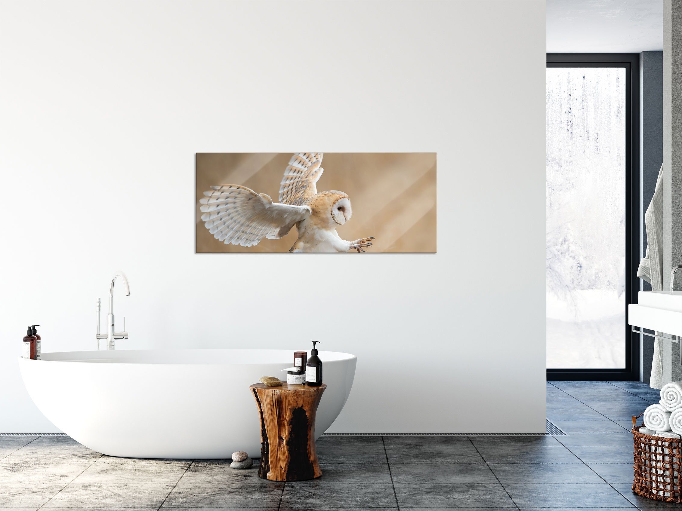 Pixxprint Glasbild Fliegende Weiße Eule bei der Jagd, Fliegende Weiße Eule bei der Jagd (1 St), Glasbild aus Echtglas, inkl. Aufhängungen und Abstandshalter