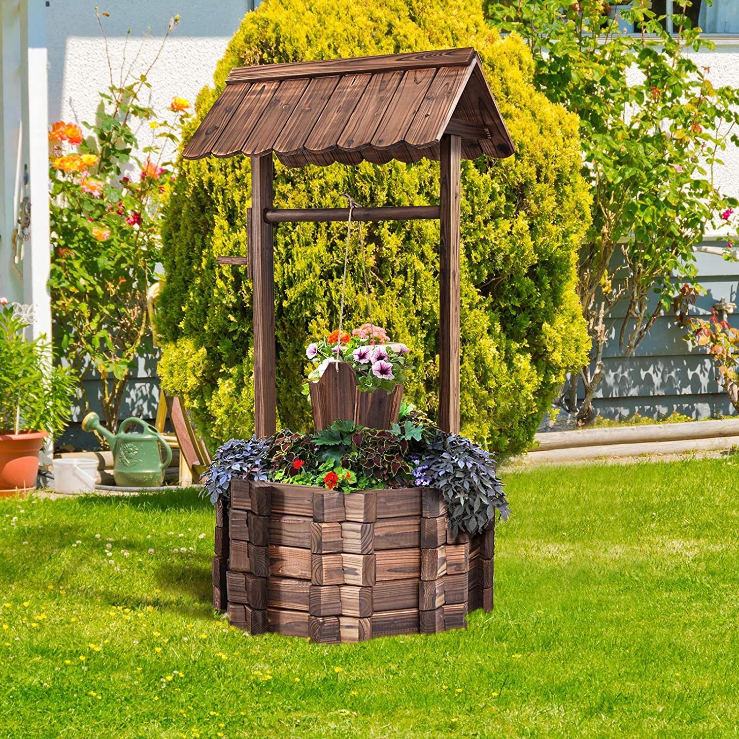 KOMFOTTEU Gartenbrunnen Wunschbrunnen mit Dach, aus Tannenholz, Garten Dekoration