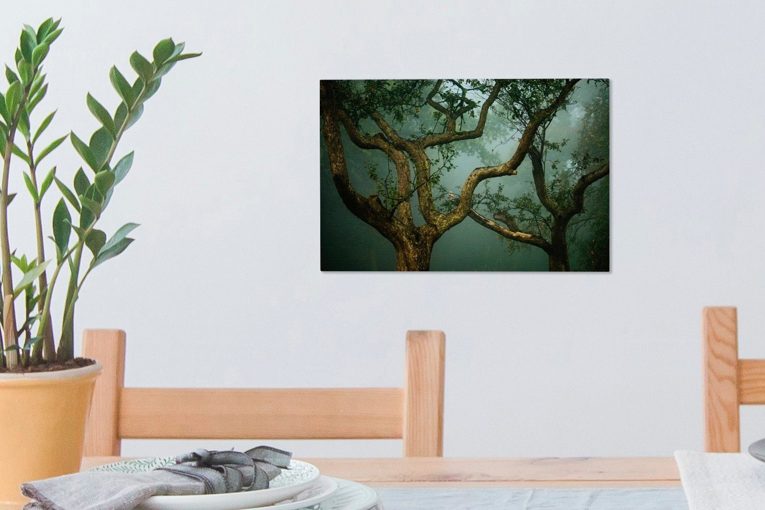 OneMillionCanvasses® Leinwandbild Apfelbaum - Nebel, cm (1 Aufhängefertig, Wanddeko, Leinwandbilder, St), - Wald Wandbild 30x20