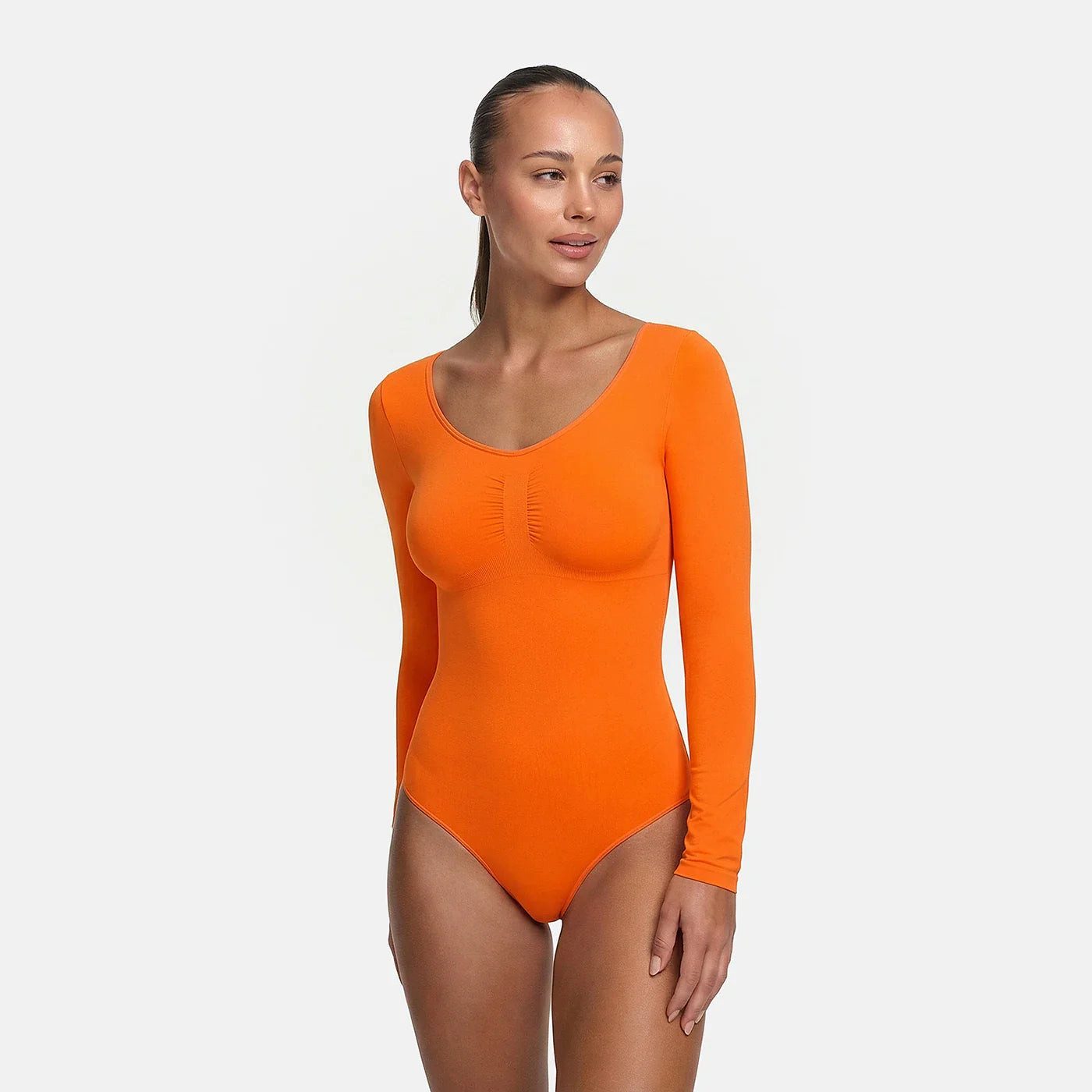 cfab (creamy fabrics) Miederbody Bodysuit Sculpting Shapewear Longsleeve mit Slip-Sunset Orange-5XL (1-tlg) Figurformend