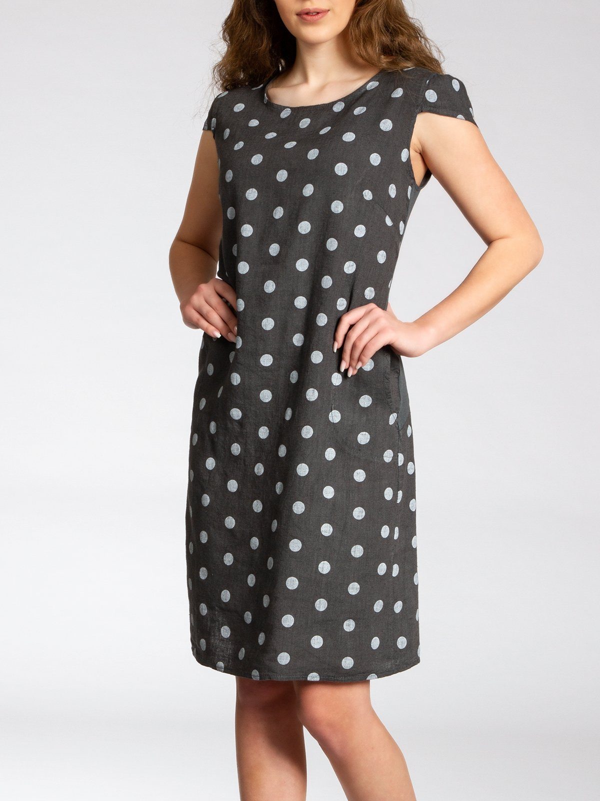 Caspar Sommerkleid SKL024 knielanges Damen Sommer Leinenkleid mit Punkte Print Luftig leicht, figurumspielende Form, mit seitlichem Jersey-Einsatz