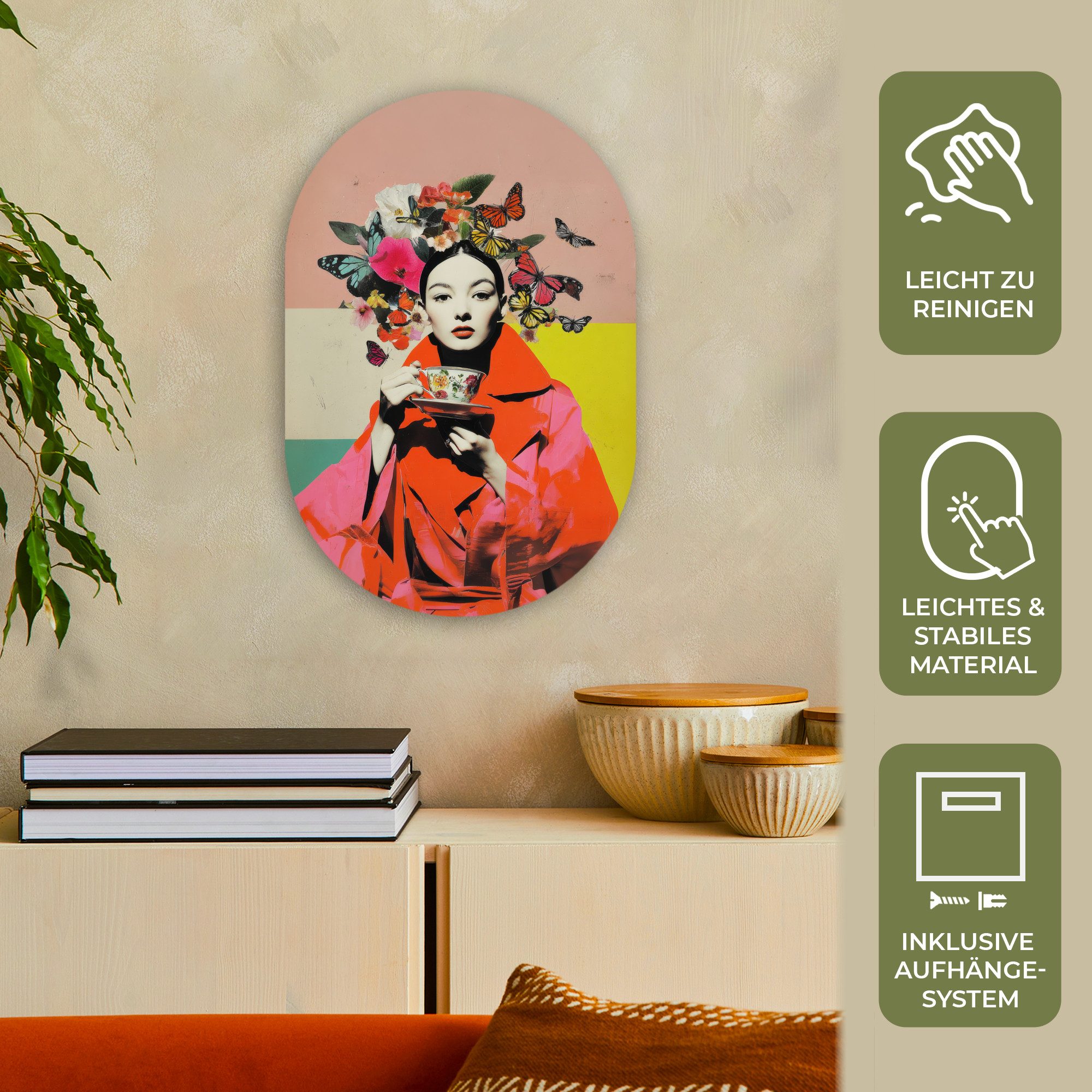 MuchoWow Gemälde Retro - Frau - Tasse - Schmetterlinge, Fotodruck (1 St), Wandbild Oval, Wohnzimmer oder Schlafzimmer Wanddekoration, 40x60 cm