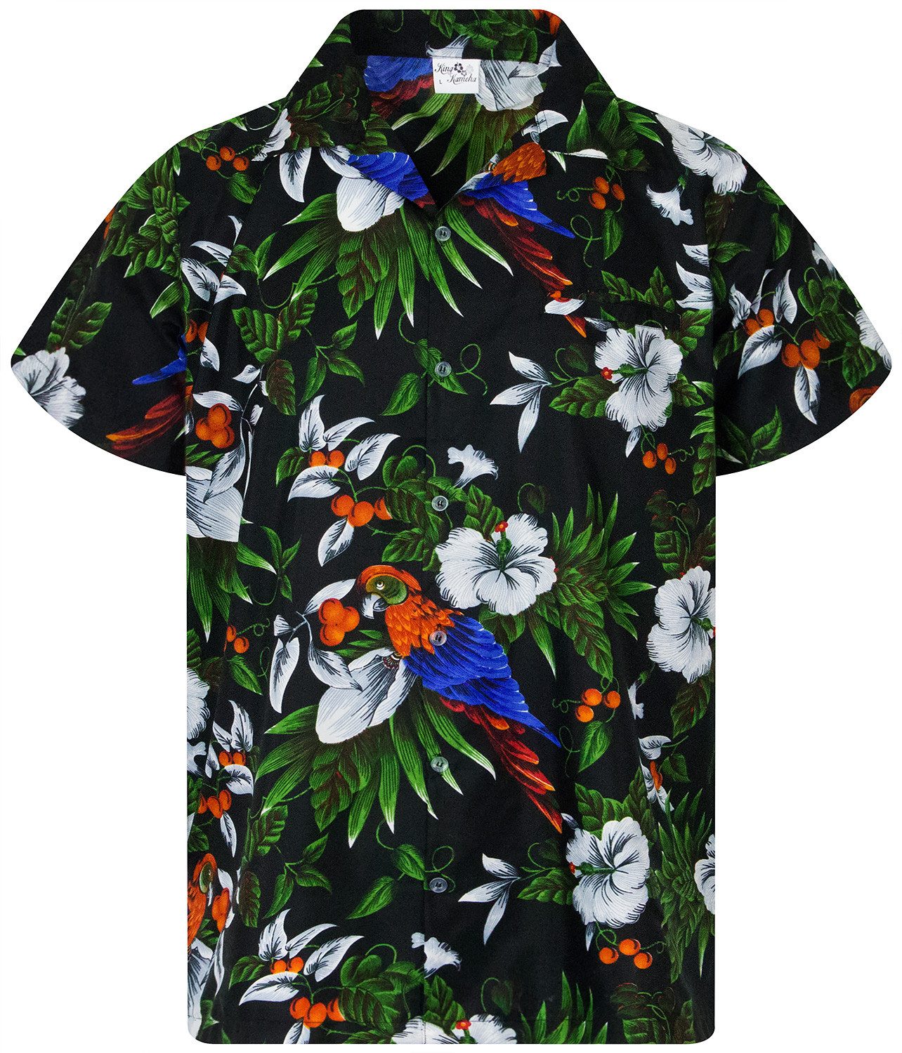 King Kameha Hawaiihemd "Cherry Parrot" Funky Hawaiihemd Herren Kurzarm Fronttasche Sommerhemd