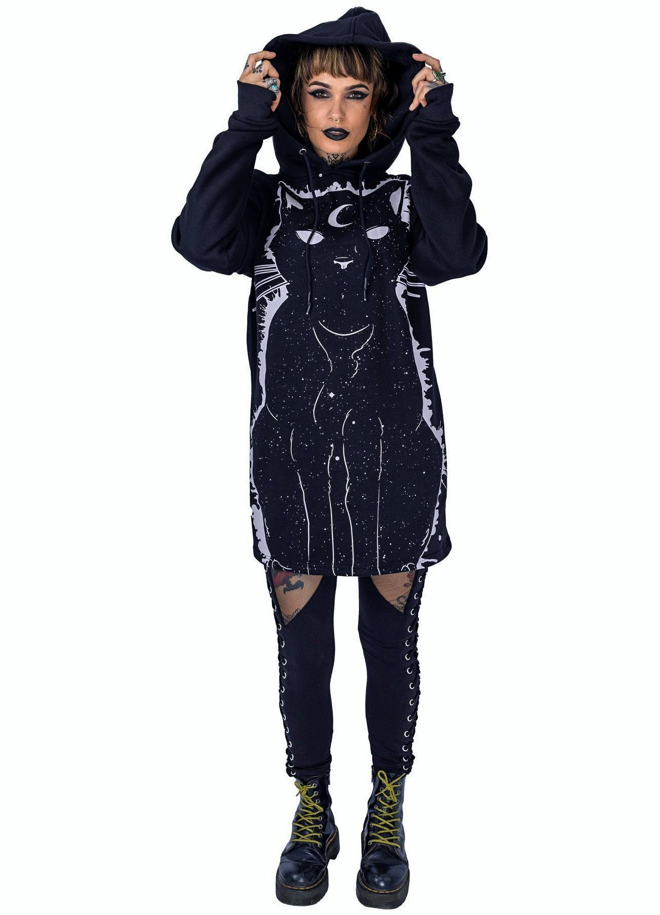 Heartless Hoodie Kapuzenpullover Moon Kitty Hood Gothic Katze Okkult Cat Weltall Longpullover