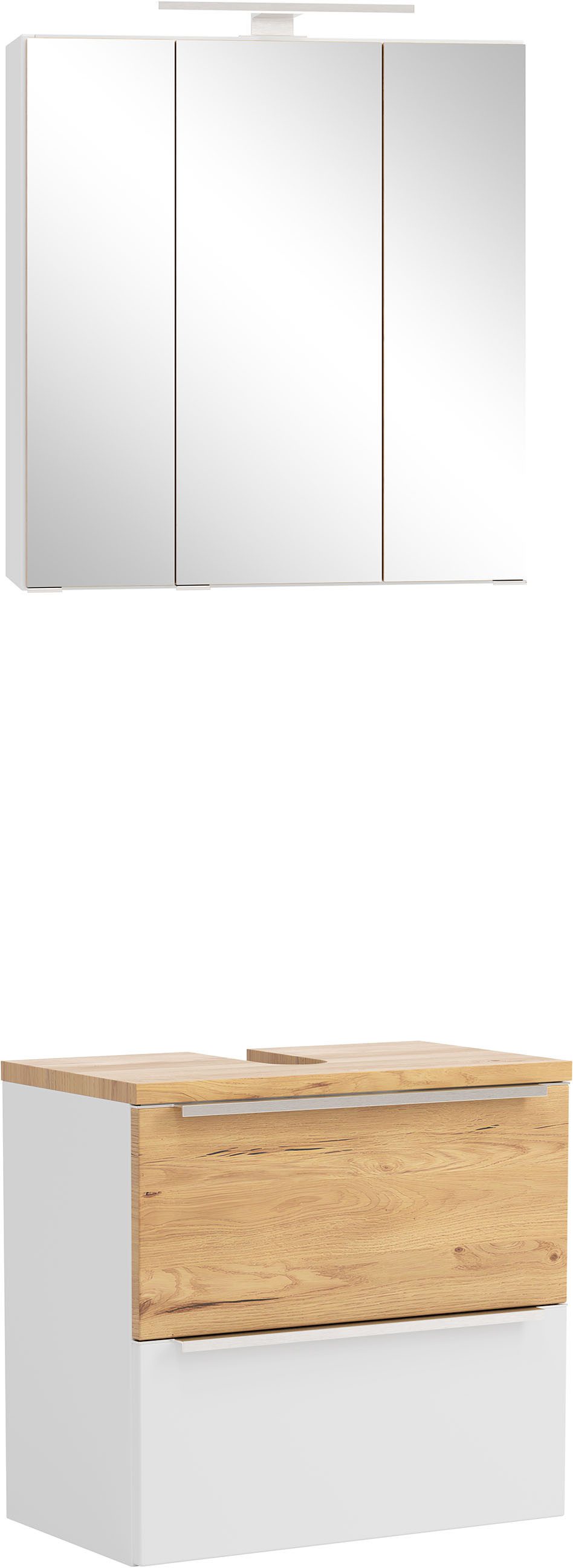 welltime Badmöbel-Set TRIENT, Set: Spiegelschrank und Unterbeckenschrank, (2-St., Maße (B/H/T): ca. 60/200/35 cm), matt weiß/wildeiche, LED-Aufbauleuchte, 2tlg. Unterbecken-Set