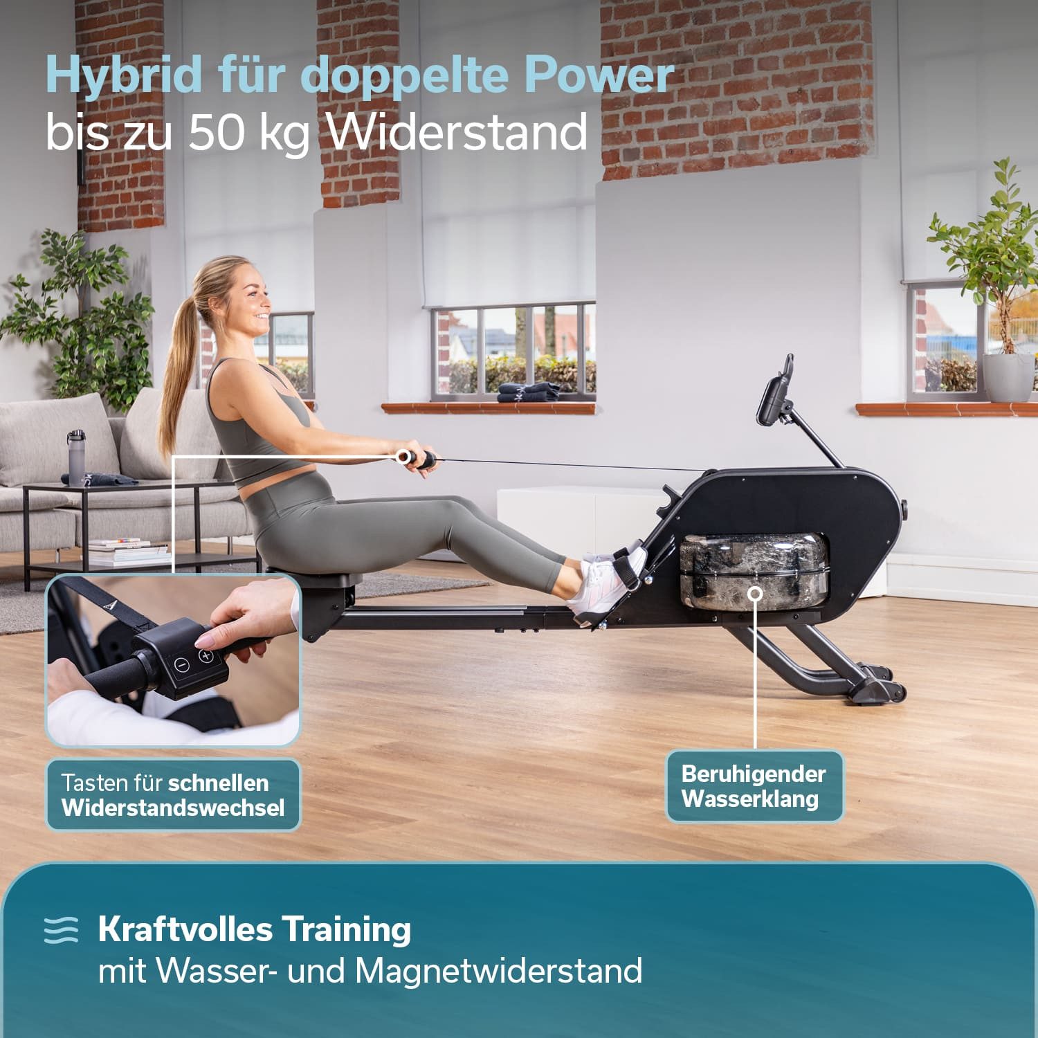 Skandika Rudergerät für Zuhause, Nemo III Hybrid, Wasser und Magnetwiderstand, aufstellbar (Max. Körpergröße 200 cm, Transportrollen, Tablet-Halterung, neigbar), 32 elektrische Widerstandsstufen, 15 Programme, bis 200 cm, Bluetooth