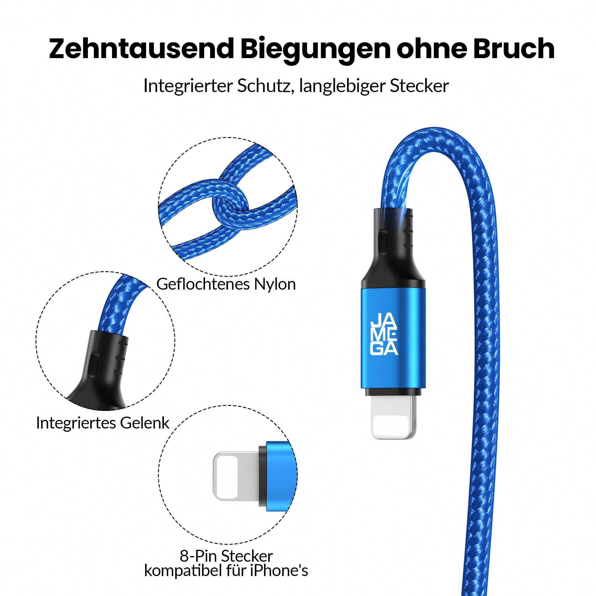JAMEGA USB Kabel kompatibel mit iPhone Nylon USB A auf 8-Pin Ladekabel - Lightningkabel, USB A, 8-Pin (100 cm) – Bild 5 von 5