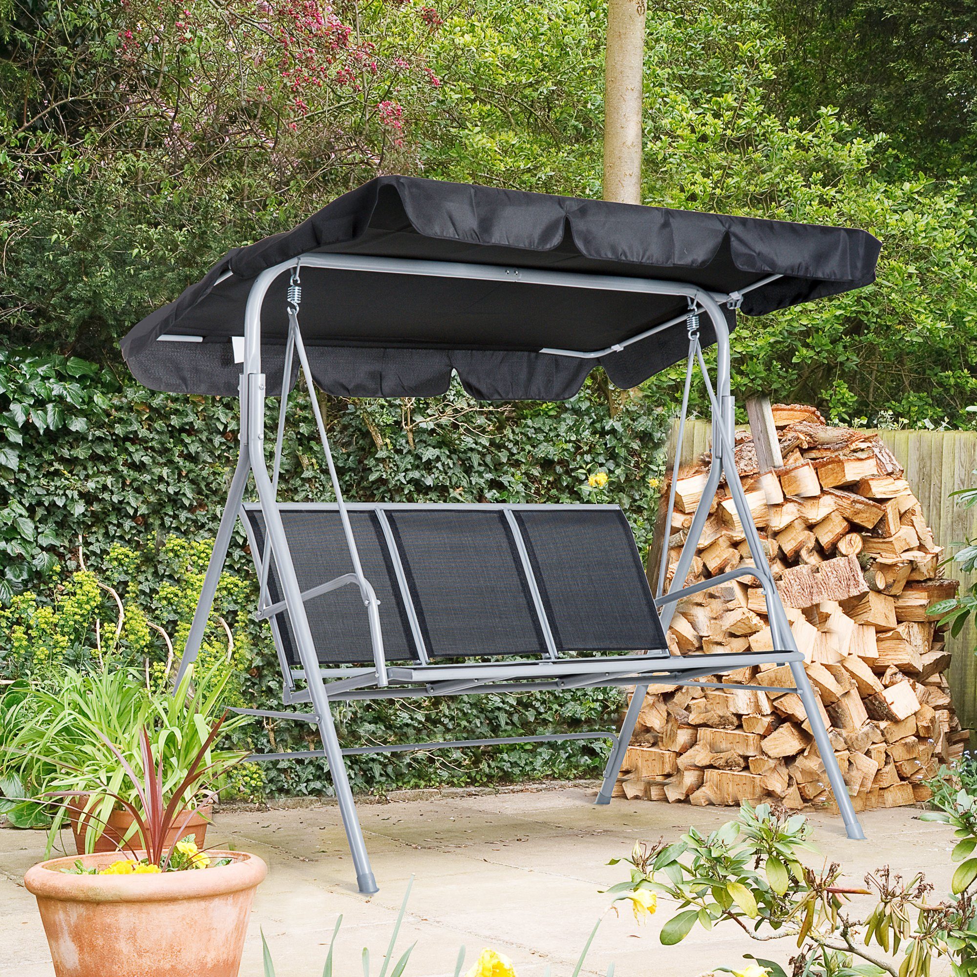 Outsunny Hollywoodschaukel inkl. Sonnendach, 3-Sitzer, verstellbar Sonnendach, Gartenschaukel, 1 tlg., Hollywoodschaukel, für Garten, Balkon, Schwarz
