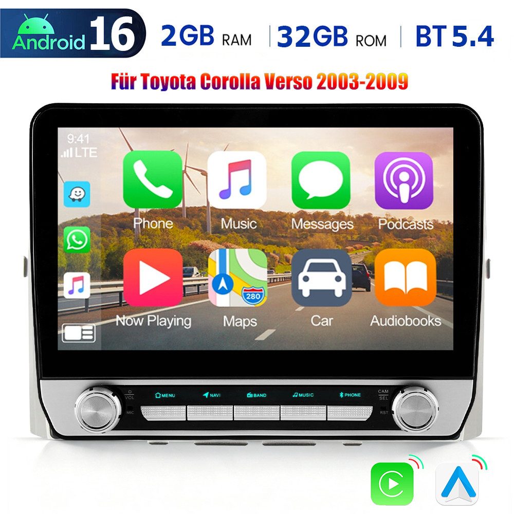 ESSGOO 64/128G Für Toyota Corolla Verso 03-09 Android 15/16 Carplay GPS NAV Autoradio (RDS, 4+64GB(optional), Digitalradio (DAB), FM, GPS, 6+128GB(optional), SWC)