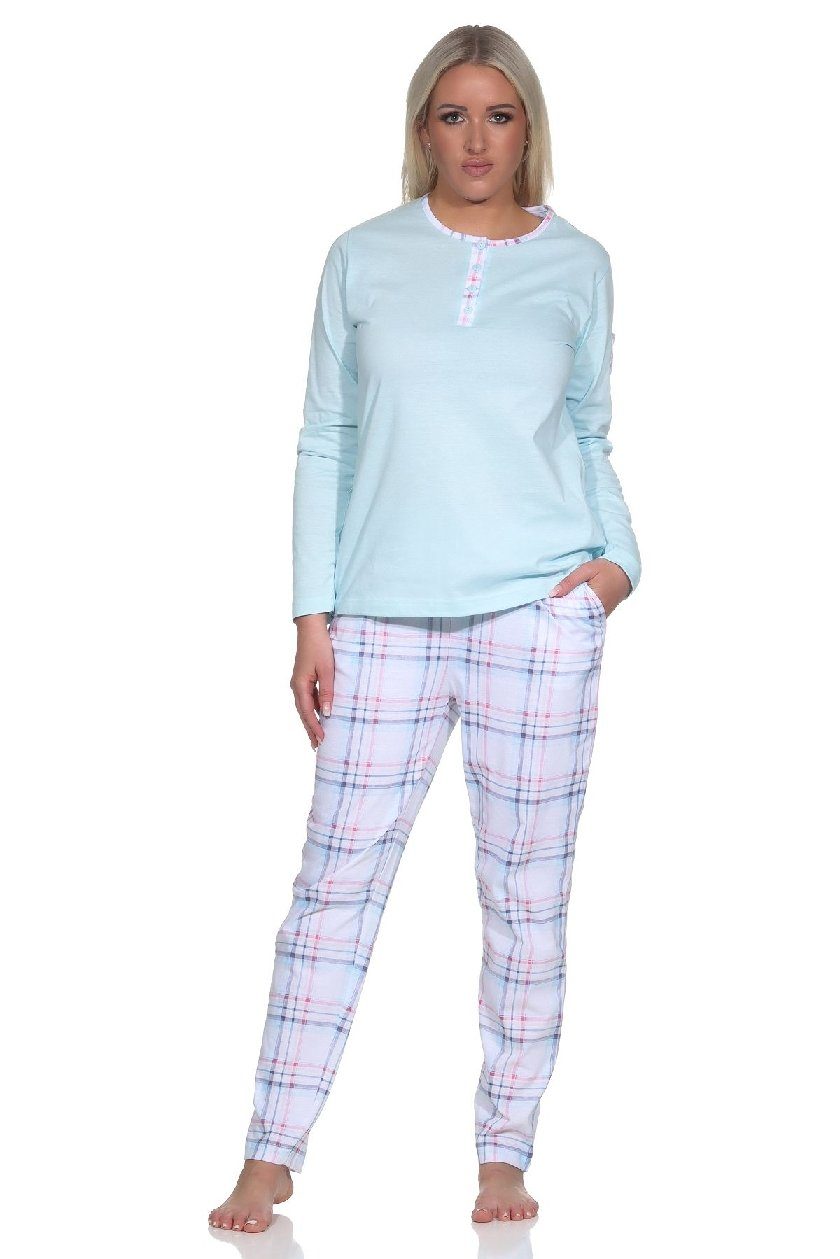 Normann Pyjama Damen Schlafanzug langarm Pyjama mit karierter Hose aus Jersey hellblau