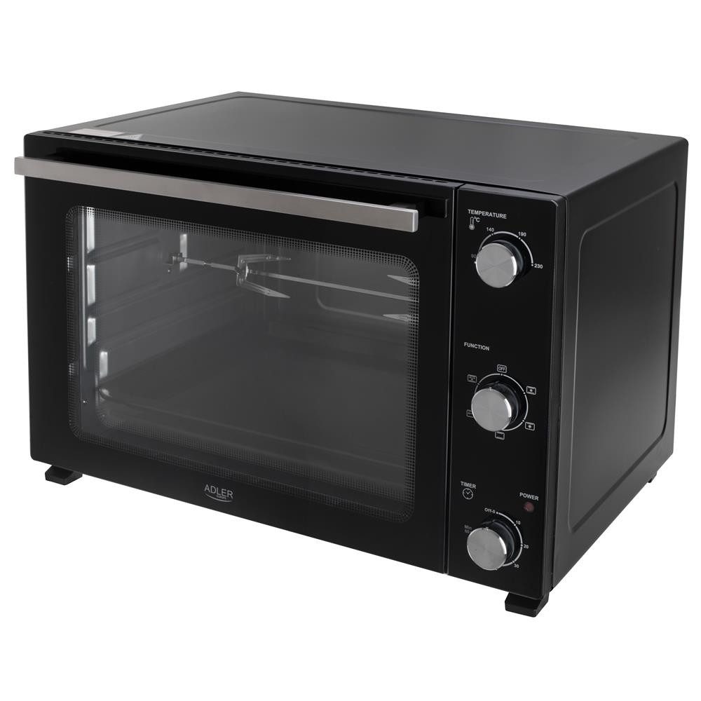 ADLER EUROPE Minibackofen AD 6028 Elektrobackofen 60 l mit Umluft, Drehspieß, Grillfunktion, Innenbeleuchtung, Backblech, Rost, Küche, Familie und Gäste, schwarz