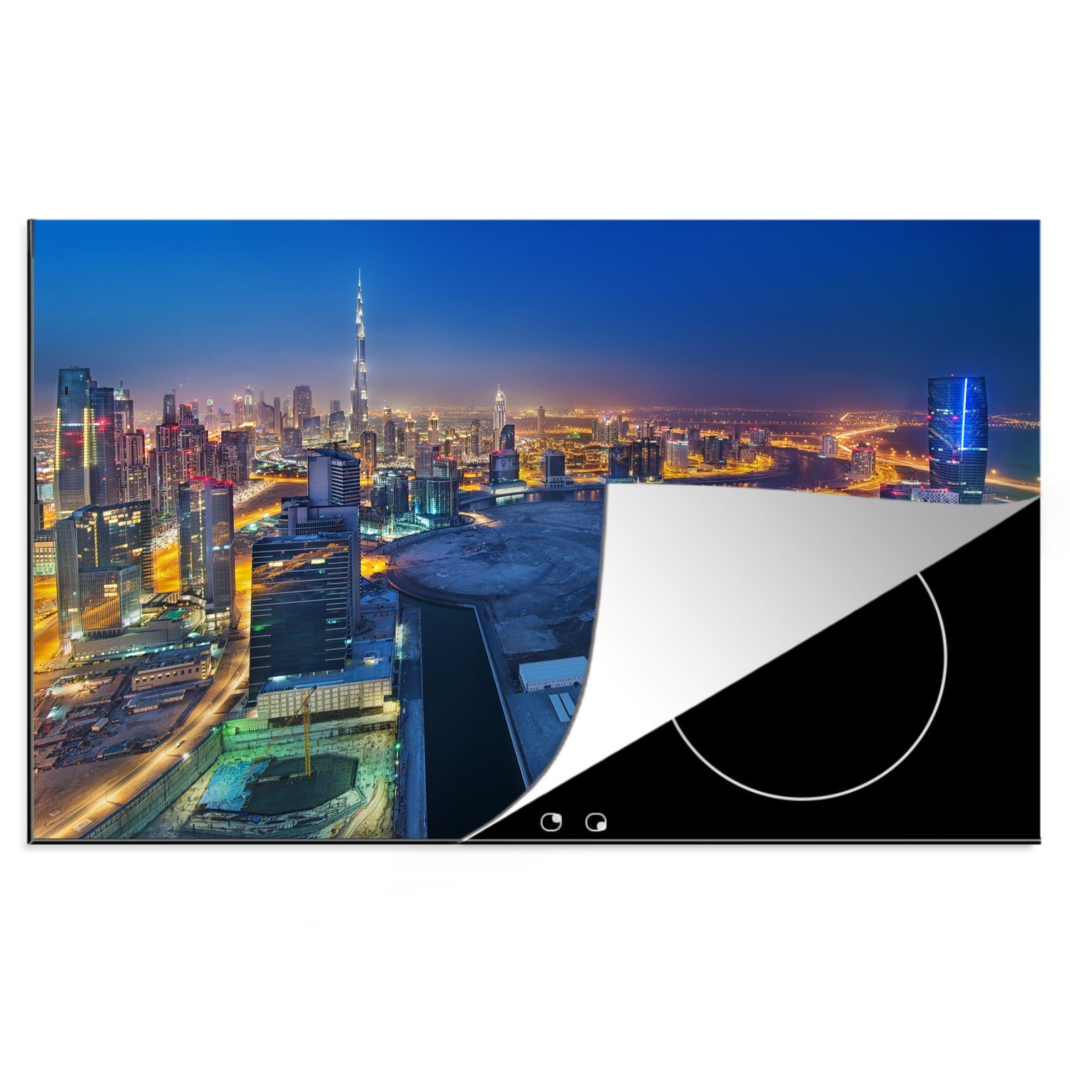 MuchoWow Herdblende-/Abdeckplatte Dubai als glitzernde, leuchtende Stadt bei Nacht, Vinyl, (1 tlg), 81x52 cm, Induktionskochfeld Schutz für die küche, Ceranfeldabdeckung