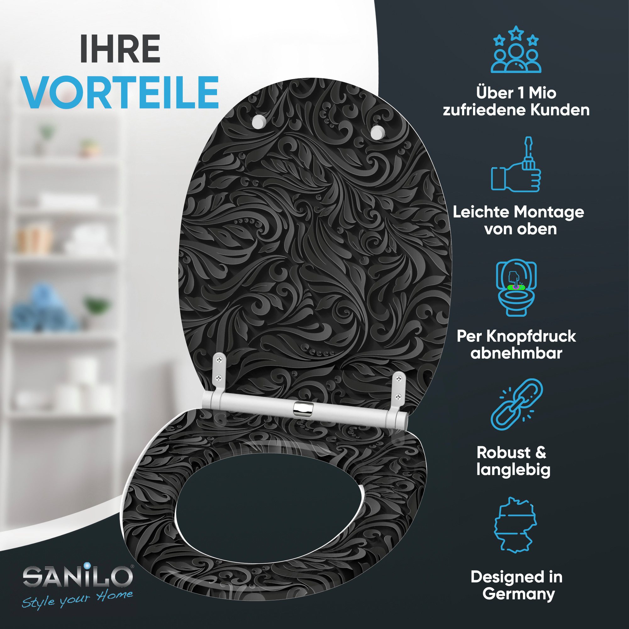 Sanilo WC-Sitz Floral mit Absenkautomatik & Quick Release, hochwertig, abnehmbar, leichte Montage von oben, mit Schraubenzieher