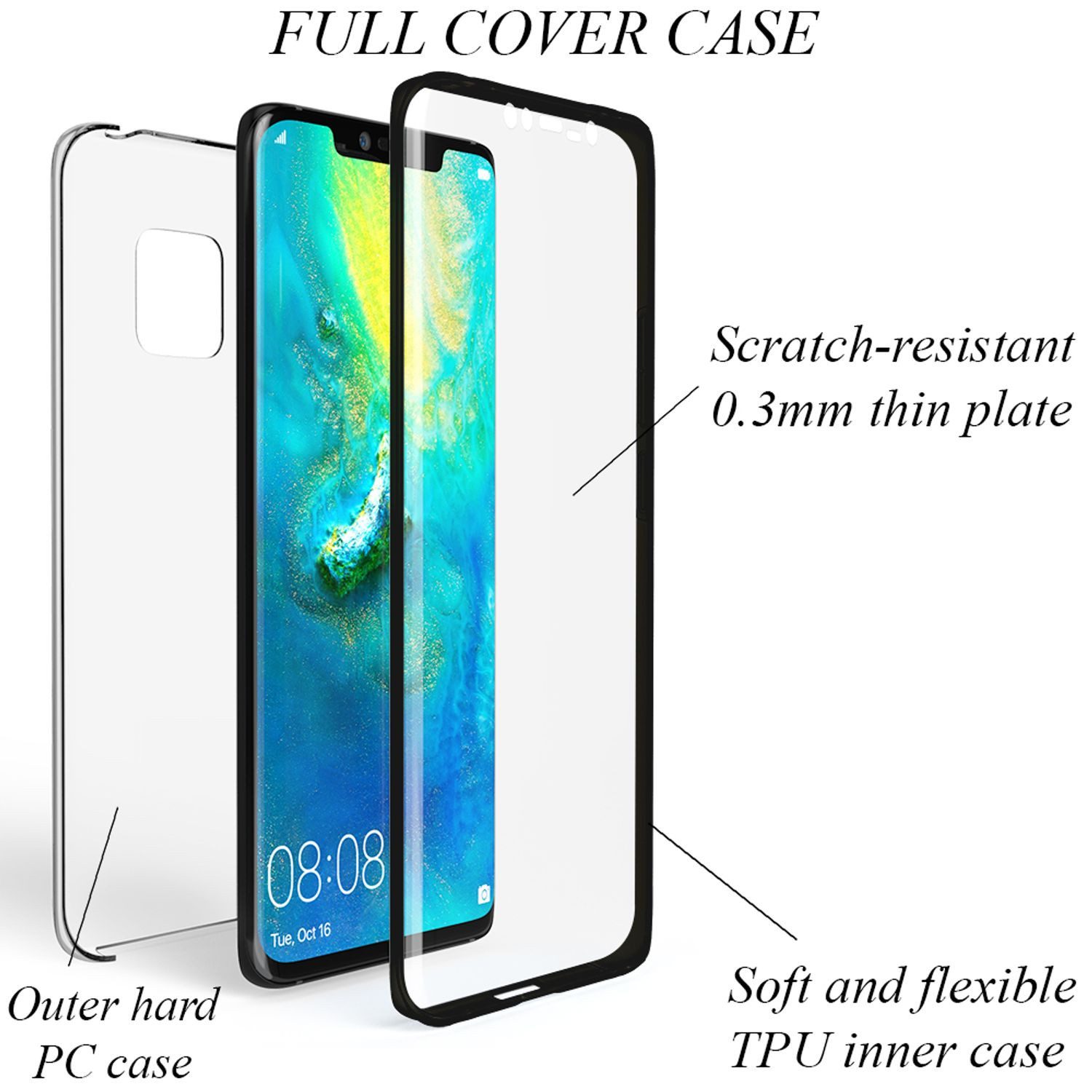Nalia Smartphone-Hülle Huawei Mate 20 Pro 16,3 cm (6,4 Zoll), Klare 360 Grad Hülle / Rundumschutz / Transparent / Displayschutz Case