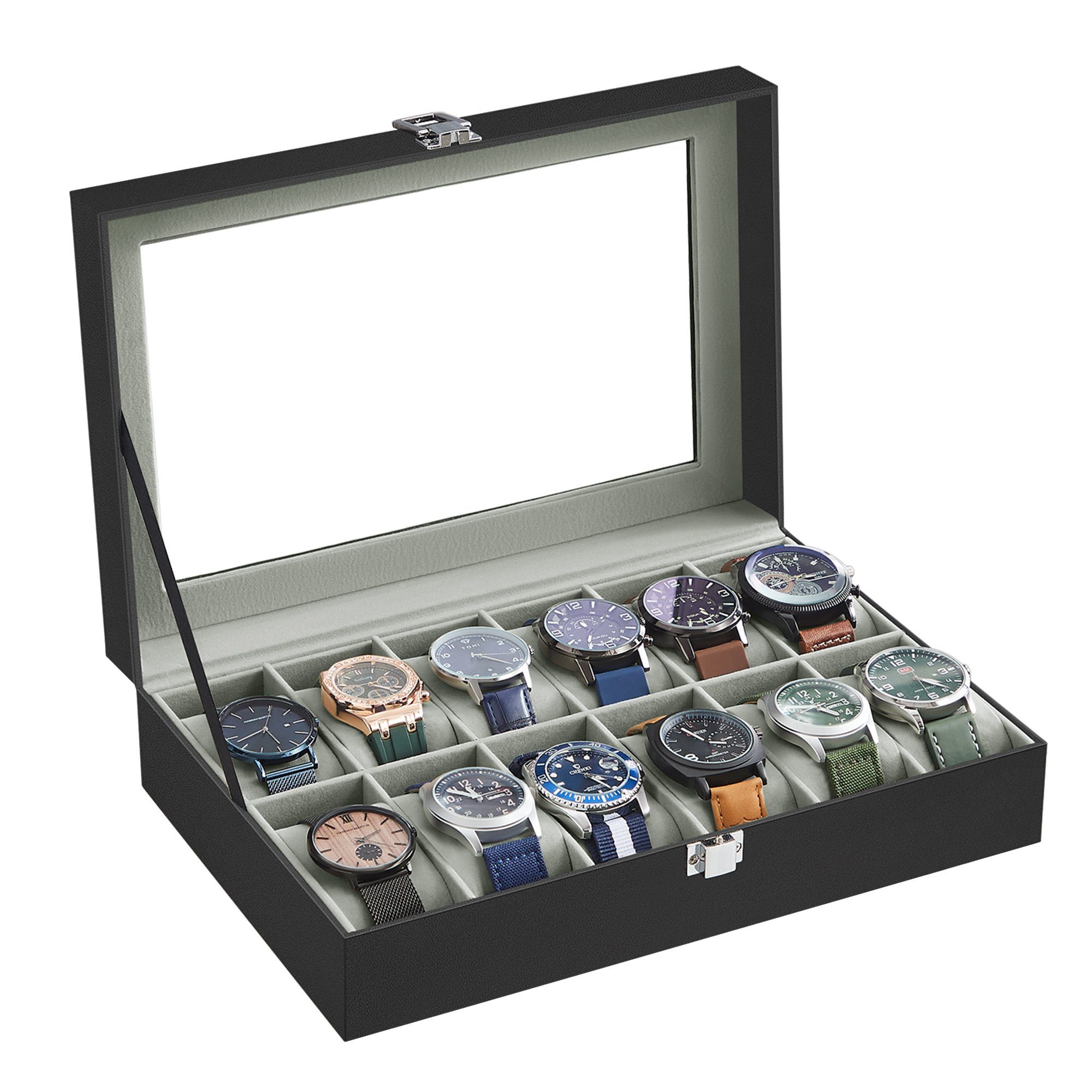 SONGMICS Uhrenbox 12 Fächern, Uhrenkasten, Premium-Uhrenschatulle, 20,2 x 30,2 x 7,8 cm, herausnehmbaren Uhrenkissen,PU-Bezug in Schwarz,Samtfutter in Grüngrau