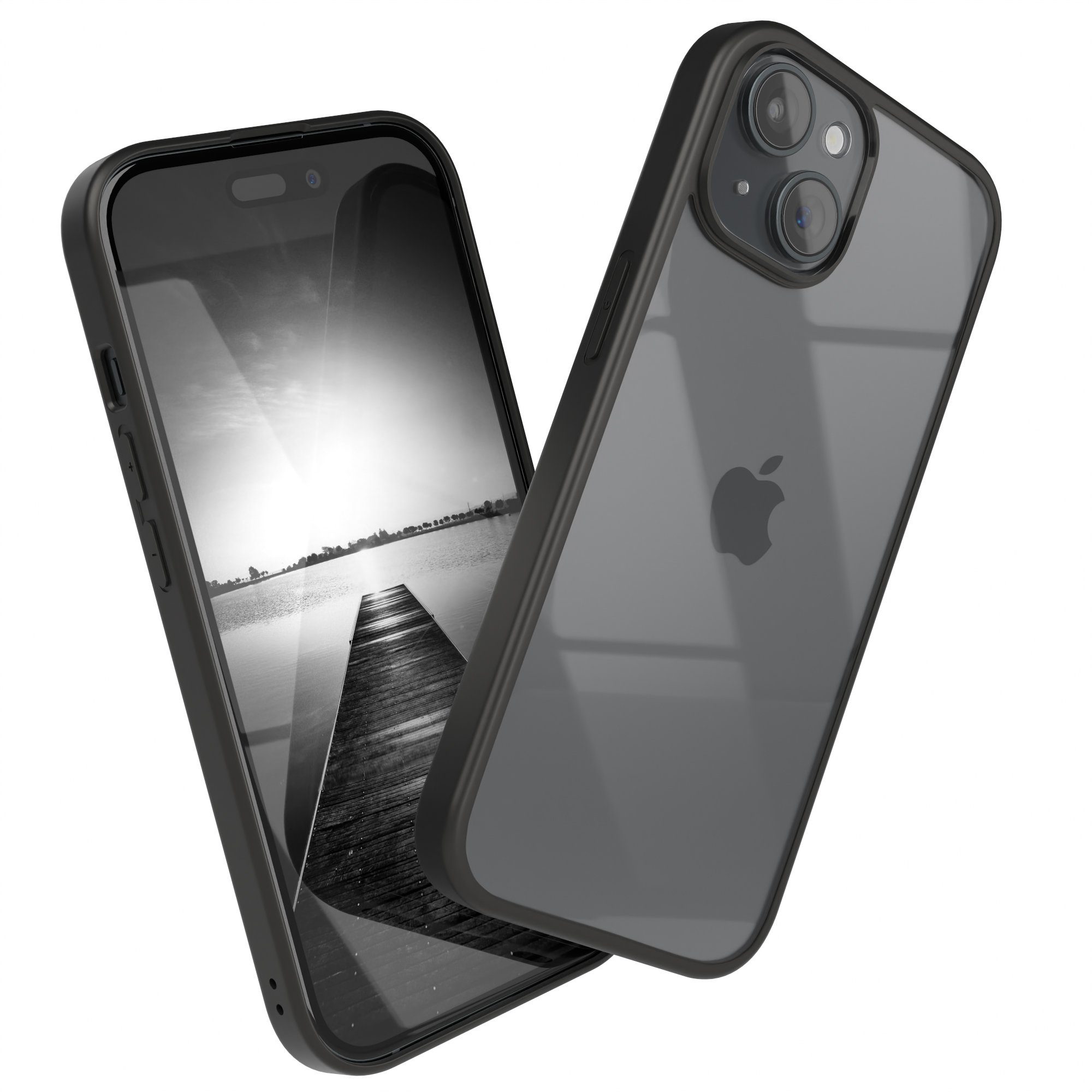 EAZY CASE Handyhülle Bumper Case für Apple iPhone 15 6,1 Zoll, Hülle Durchsichtig kratzfest Back Cover mit Displayschutz Schwarz