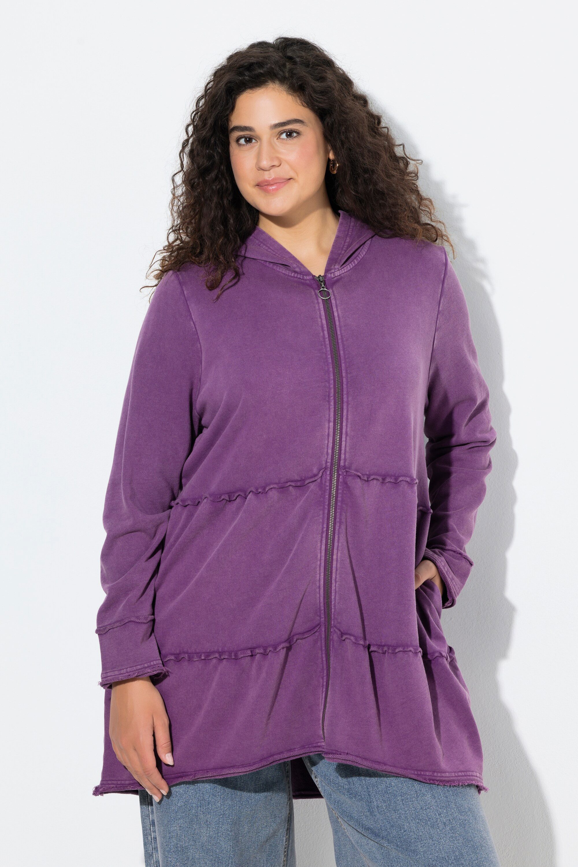 Ulla Popken Sweatjacke Long-Hoodiejacke Vintage-Look A-Linie Kapuze