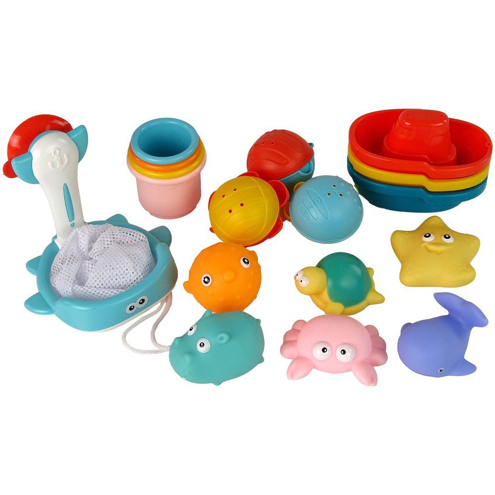 LEAN TOYS Badespielzeug Wasserspielset Badewannenspielzeug Meerestiere (17-tlg), 17-tlg. Set, Spritzfunktion, Fangnetz, Stapelbecher