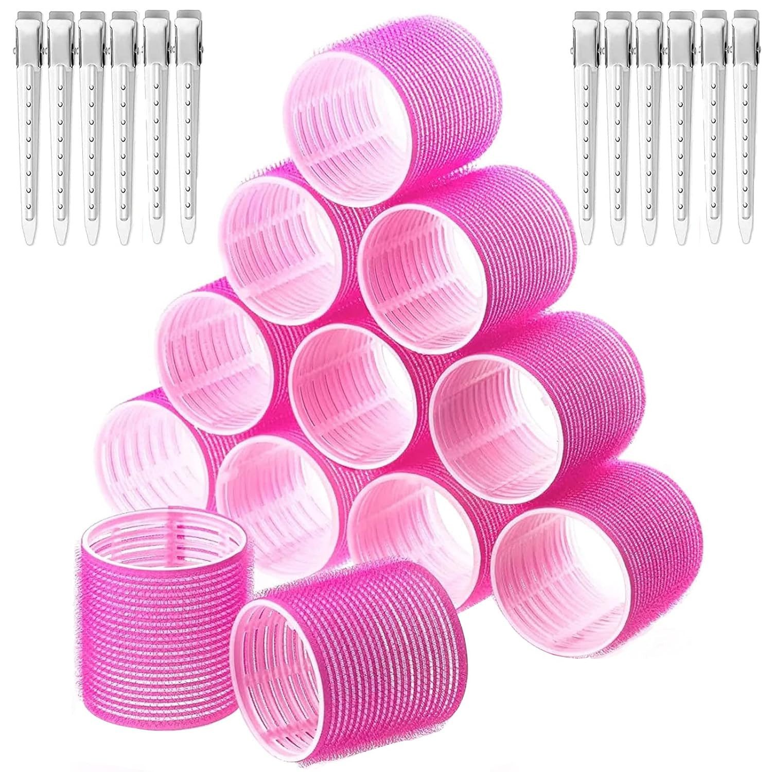 MOPUEA Haarspange Haarstyling-Set 12 Stücke, Große Locken Curlers Ohne Hitze, Lockenwickler locken Set Selbstklebende Haarrolle, 24-tlg., für lange mittlere kleine Haar, Selbsthaftend Haftwickler,mit 12 Stücke Entenschnabelclips