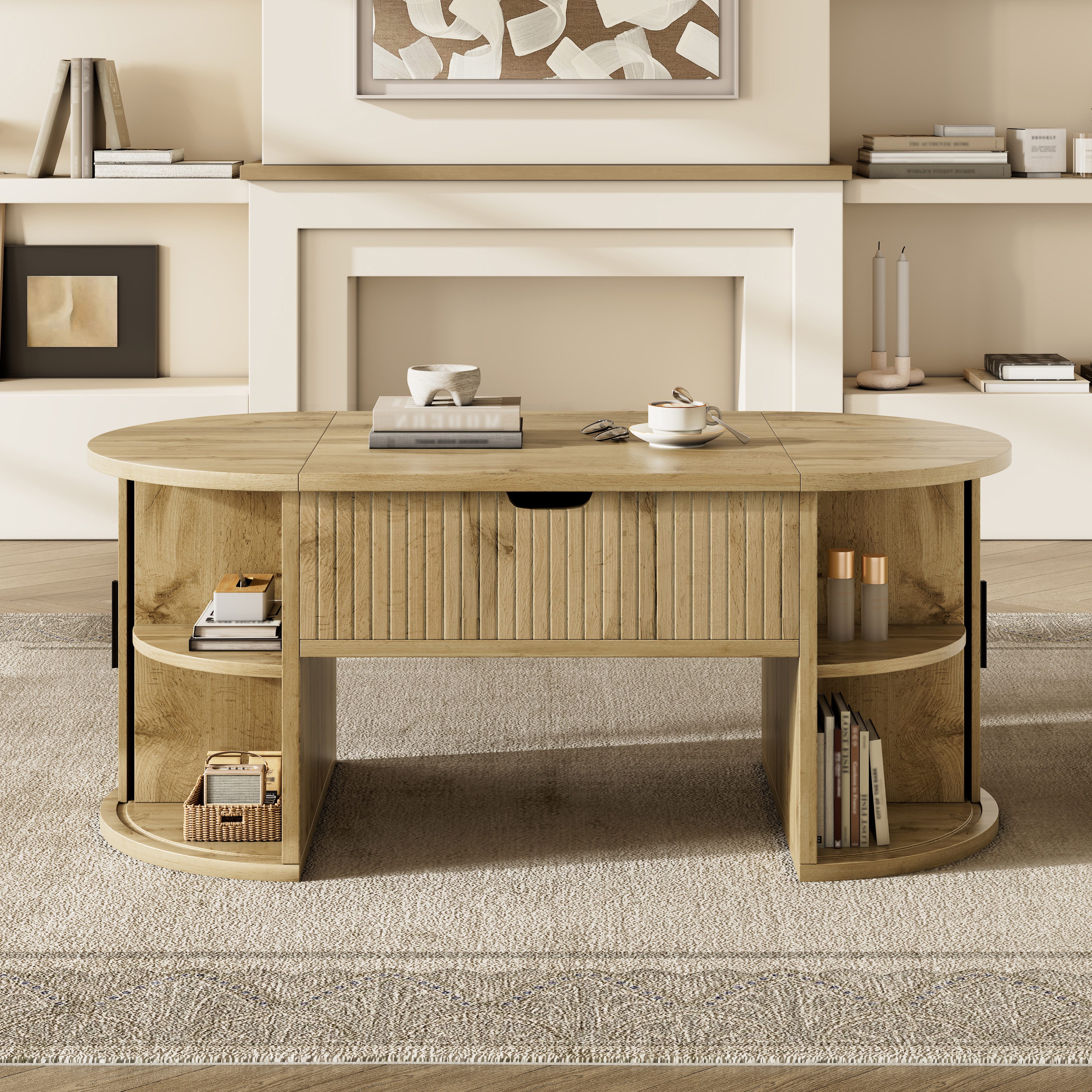 OKWISH Couchtisch 100x40,5x50 cm Höhenverstellbarer Couchtisch mit offenen Regalen (Packung, 1-St., Versteckter Stauraum & Schiebetüren), Ideal für kleine Wohnungen und Homeoffice