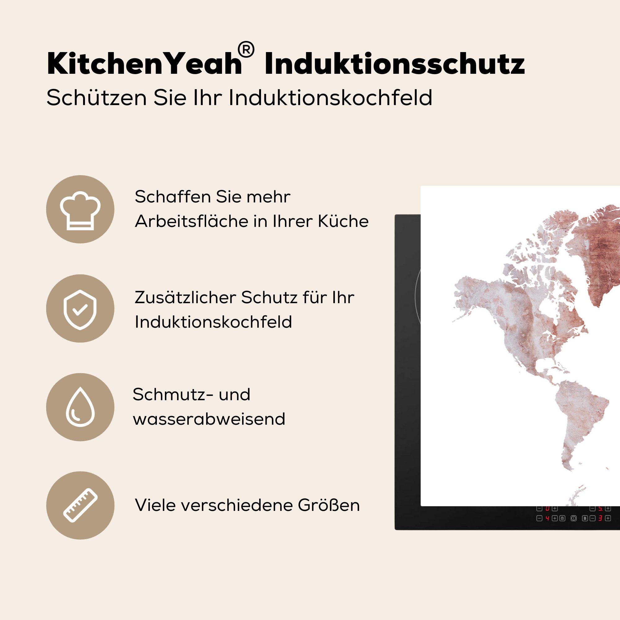 MuchoWow Herdblende-/Abdeckplatte Weltkarte für küche, (1 - Rot, Schutz Vinyl, Ceranfeldabdeckung Induktionskochfeld cm, 81x52 Marmor die - tlg)