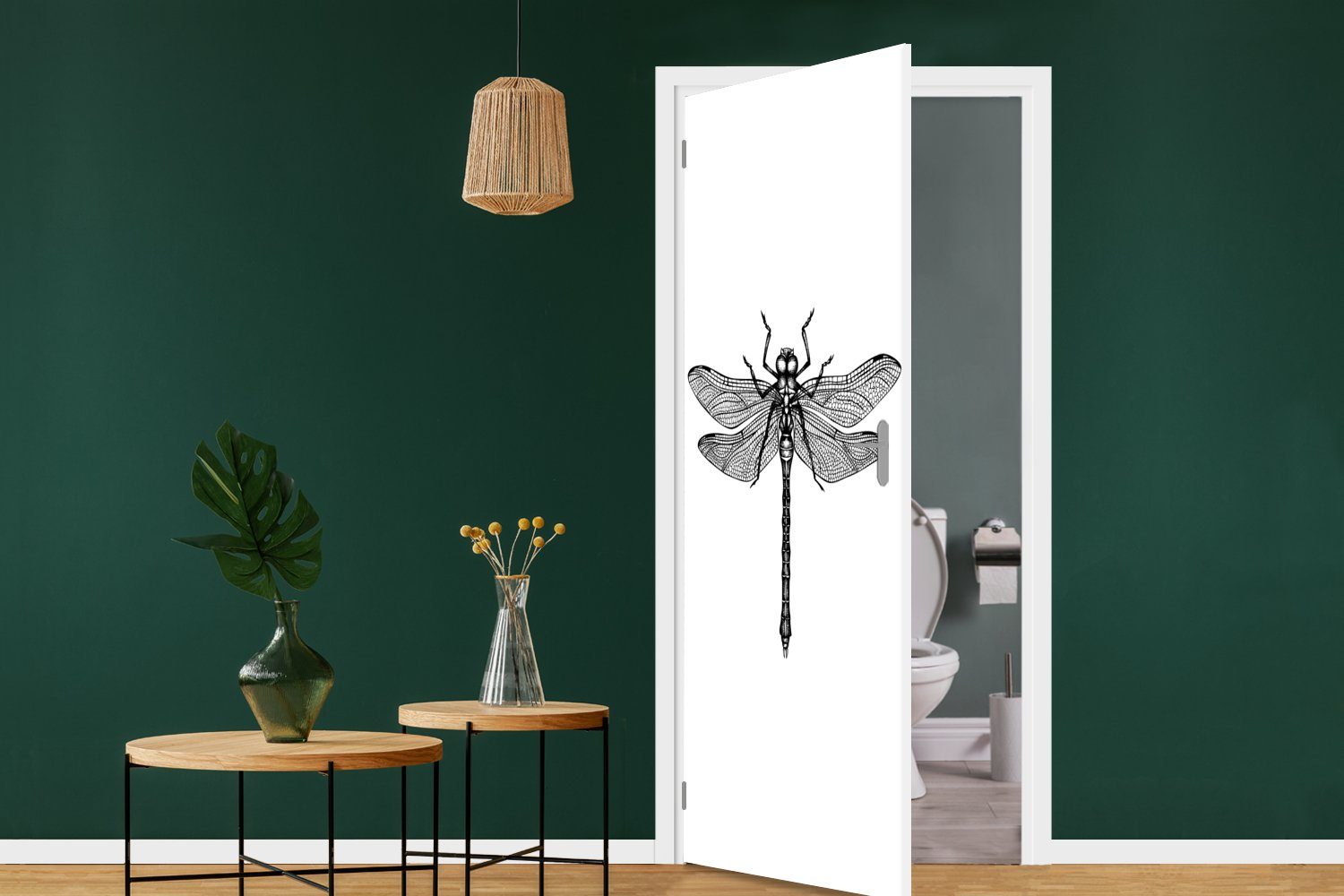 Matt, (1 - St), und Retro bedruckt, Libelle - für MuchoWow Türtapete Türaufkleber, weiß, Insekten - cm Tür, 75x205 Schwarz Fototapete
