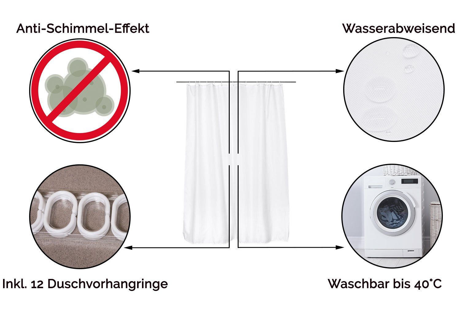 ZOLLNER Duschvorhang Breite 180 cm (Set), 100% Polyester, Anti-Schimmel-Eff günstig online kaufen