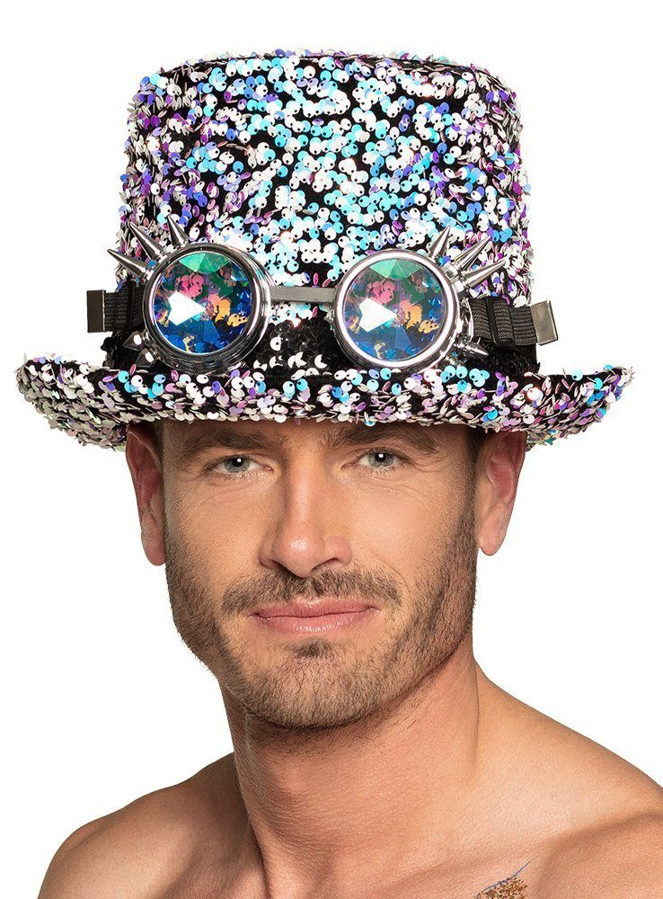 Boland Kostüm Silberglitzer Steampunk-Zylinder, Paillettenbesetzte  Kopfbedeckung für Festivals, CSD oder fantasievolle Verkleidung