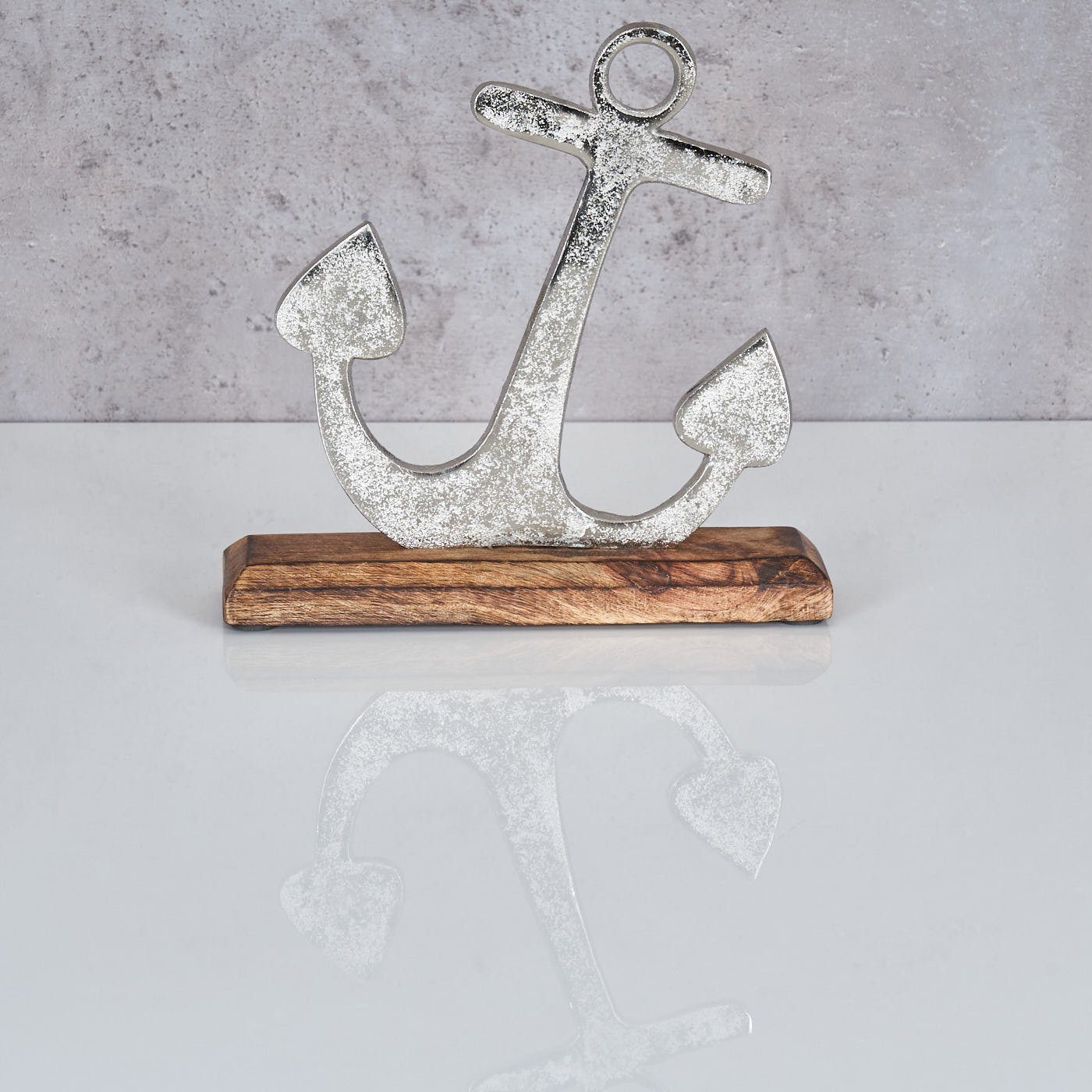 Levandeo® Geschenk Skulptur Mango 1 Dekoobjekt, Holz Variante Anker Tischdeko 19x23cm Silber
