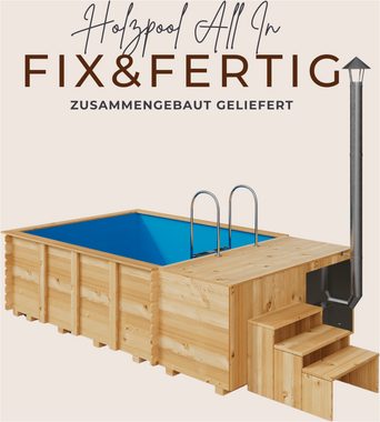 EDEN Holzmanufaktur Rechteckpool Fix&Fertig All In (Set, 6-tlg), inkl. Dämmung, Sandfilter, Skimmer, LED, Holzofen
