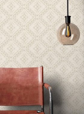 Newroom Vliestapete, Beige Tapete Grafisch Leicht Glänzend - Glanztapete Grafiktapete Gold Grau Geometrisch Modern Raute Punkte für Wohnzimmer Schlafzimmer Küche
