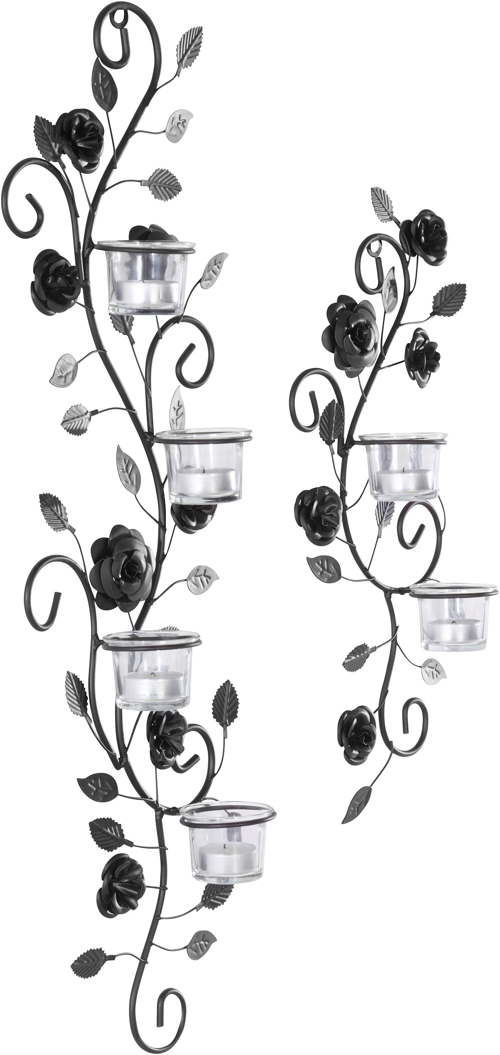 schwarz Metall, (2er-Set), Blumenranke, Glas, antik schwarz Wandkerzenhalter affaire Home Landhaus,