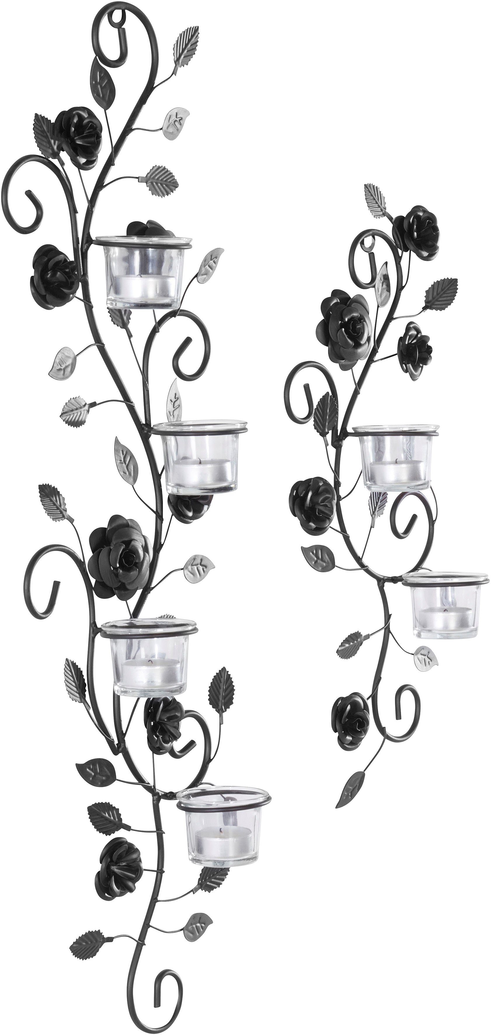 Home affaire Blumenranke, schwarz antik Landhaus, schwarz Glas, (2er-Set), Wandkerzenhalter Metall