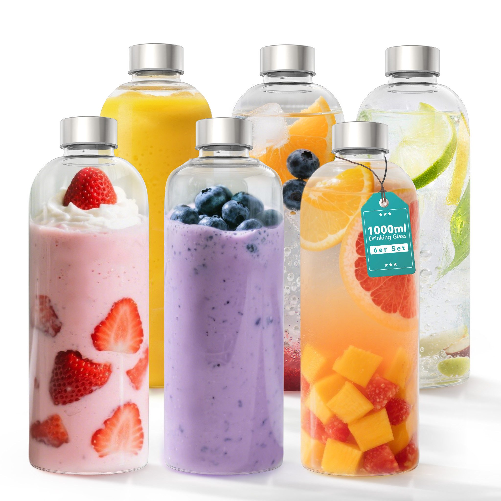 FIVMEN Trinkflasche luftdichte Glaswasserflasche 1000ml mit Edelstahldeckel, 2/4/6 Stück Saftflaschen Set inkl. Reinigungsbürste für Wasser, Saft