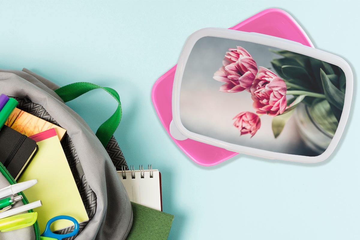 Brotdose Brotbox Blumen MuchoWow Kunststoff, (2-tlg), - Erwachsene, Kinder, Mädchen, Tulpen Kunststoff Snackbox, Lunchbox für Rosa, -