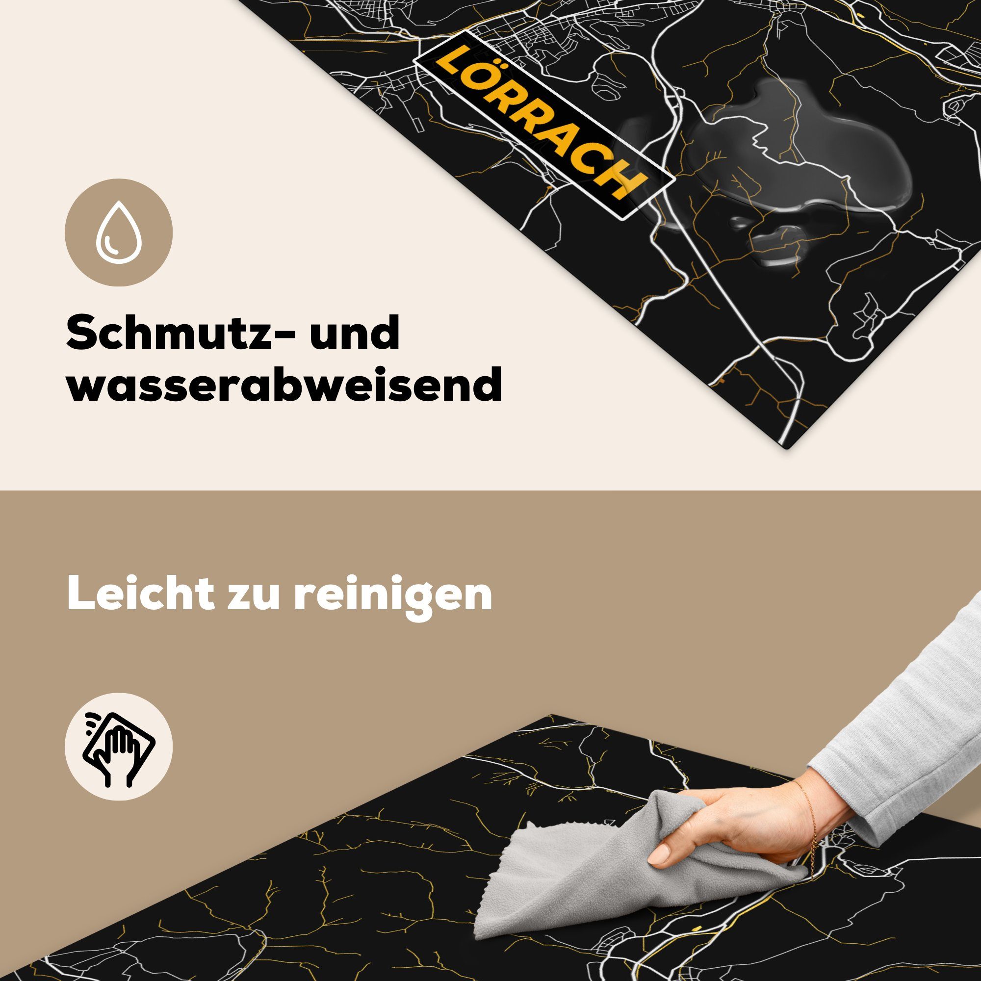 (1 für - Lörrach Arbeitsplatte 78x78 - Karte Stadtplan küche Karte, - cm, Vinyl, Deutschland Ceranfeldabdeckung, Gold - MuchoWow Herdblende-/Abdeckplatte - tlg),