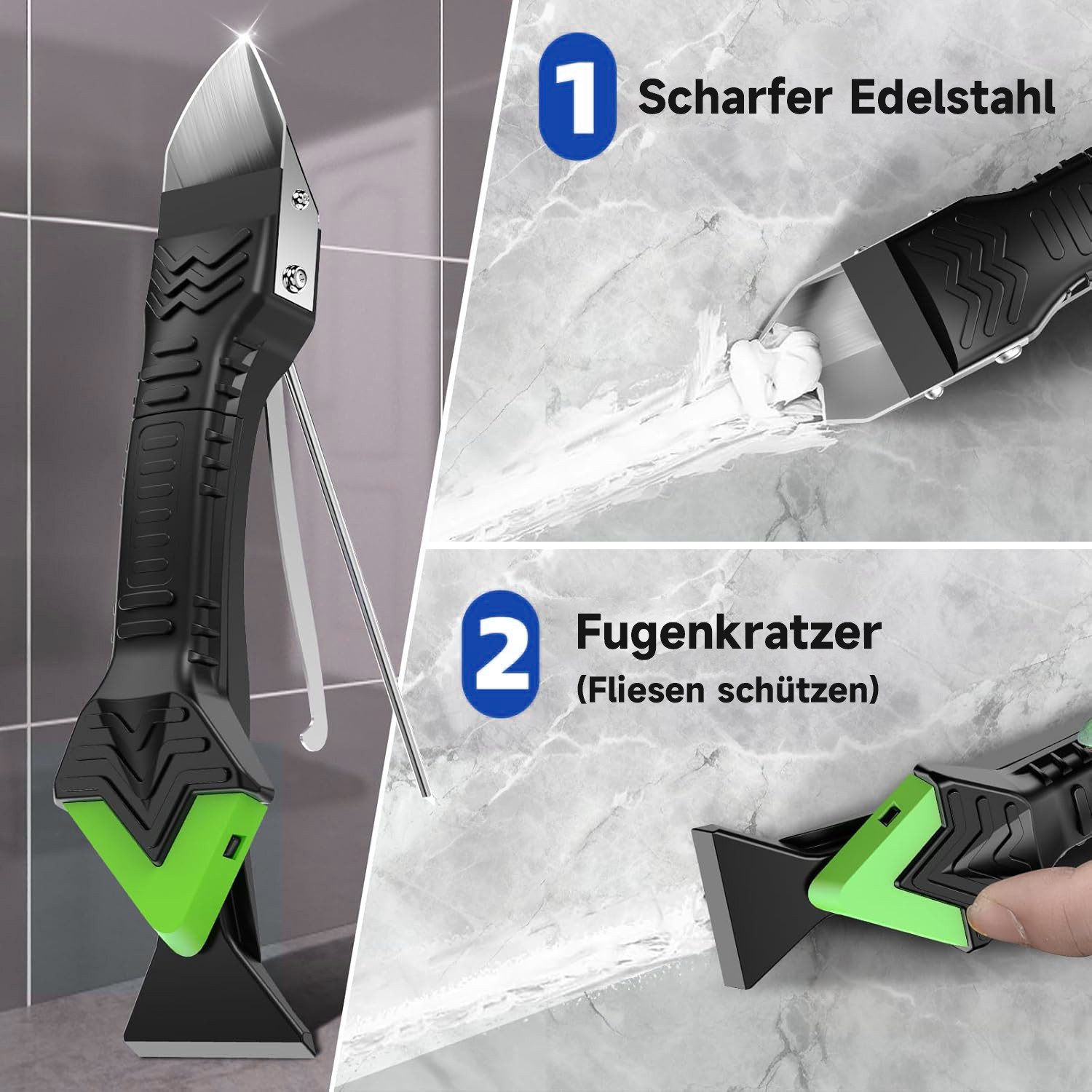 Refined Living Multitool 13-tlg Silikon Abzieher Werkzeug Set 5 in 1, Fugenkratzer, Fugen-Set, (Silikonentferner, 6 Auswechselbar Silikonpads Dichtungsdüsen, für Küche Bad Boden Spüle Fenster Abdichtung, Montagewerkzeug), mit Fugenglätter, Silikonschaber und Edelstahl Fugenmesser