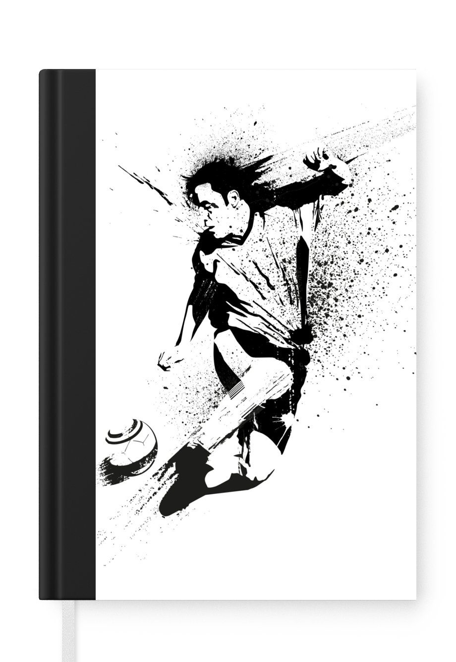 MuchoWow Notizbuch Eine Illustration einer Person, die einen Fußball in Richtung Tor, Journal, Merkzettel, Tagebuch, Notizheft, A5, 98 Seiten, Haushaltsbuch